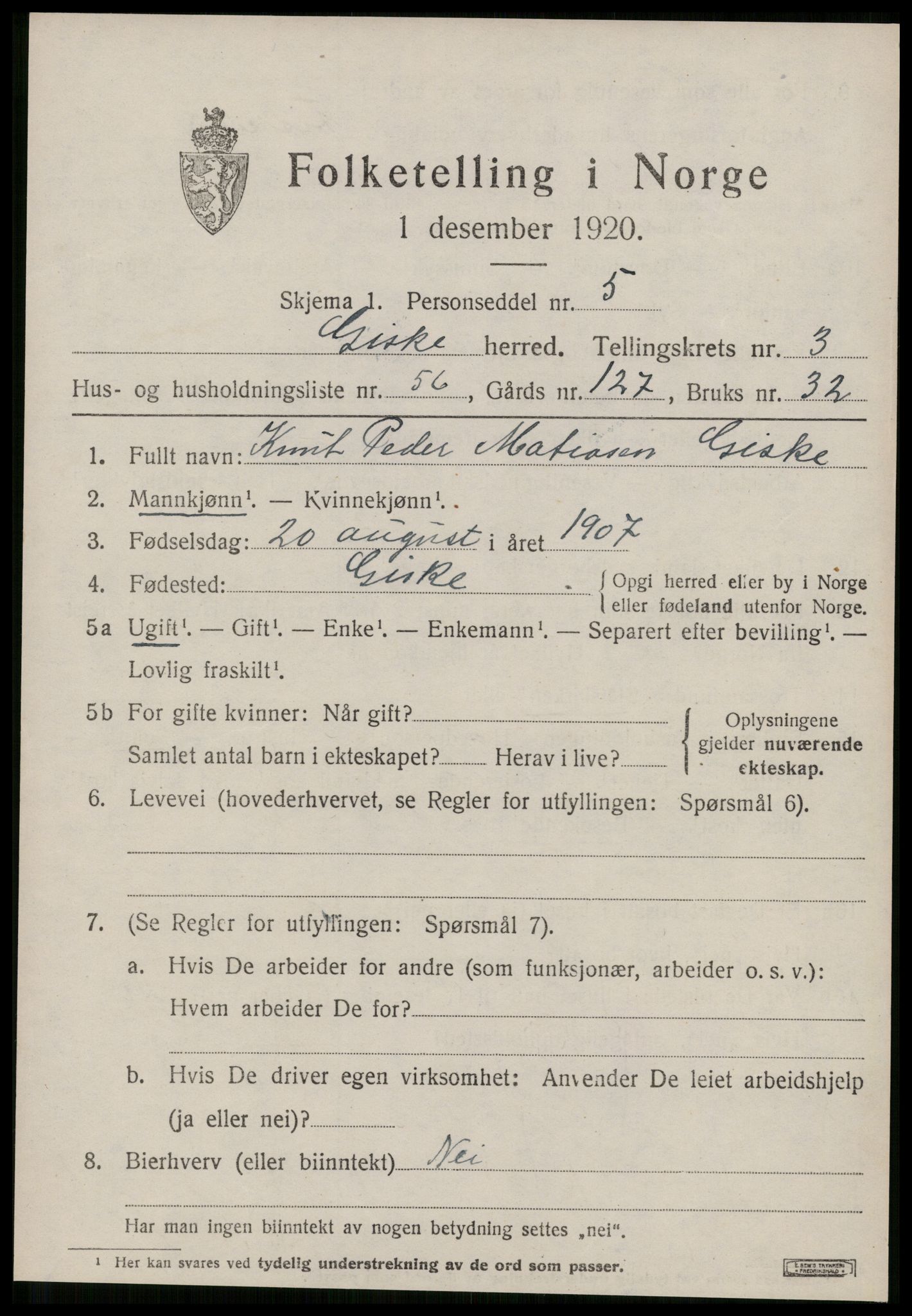 SAT, 1920 census for Giske, 1920, p. 2610
