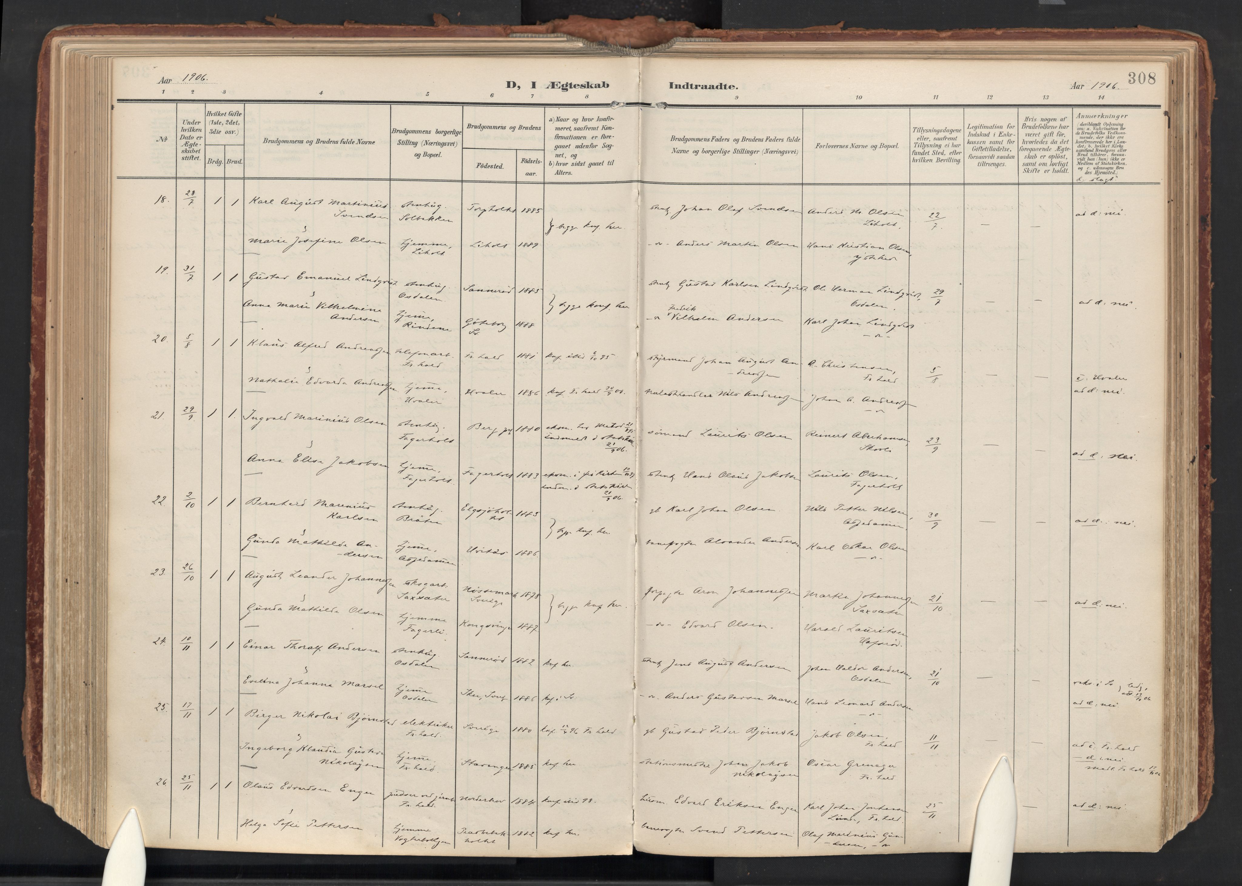 Idd prestekontor Kirkebøker, AV/SAO-A-10911/F/Fc/L0007: Parish register (official) no. III 7, 1904-1925, p. 308