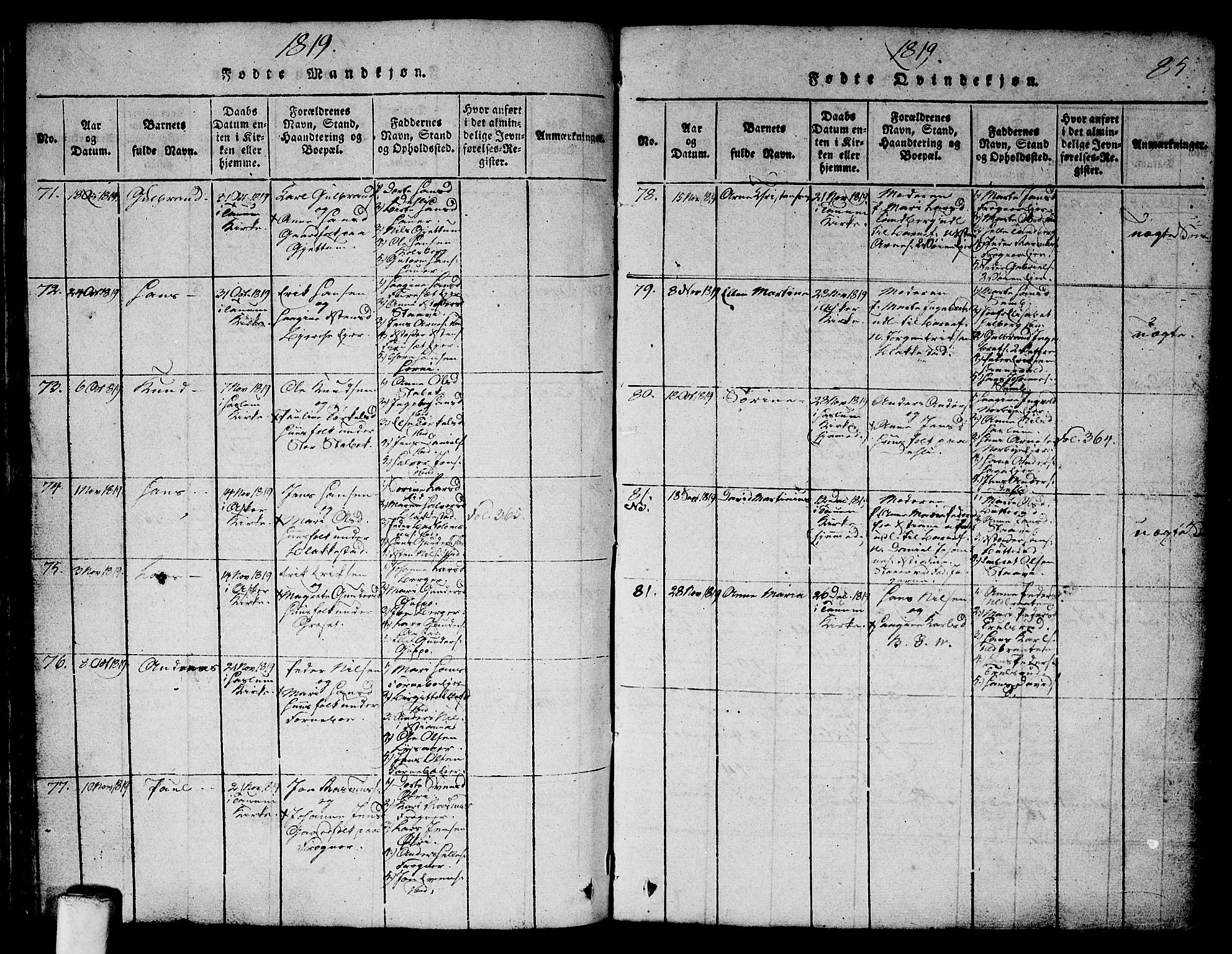 Asker prestekontor Kirkebøker, SAO/A-10256a/G/Ga/L0001: Parish register (copy) no. I 1, 1814-1830, p. 85