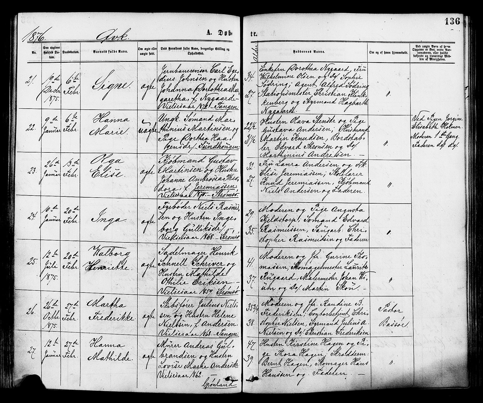 Strømsø kirkebøker, AV/SAKO-A-246/F/Fa/L0019: Parish register (official) no. I 19, 1874-1877, p. 136