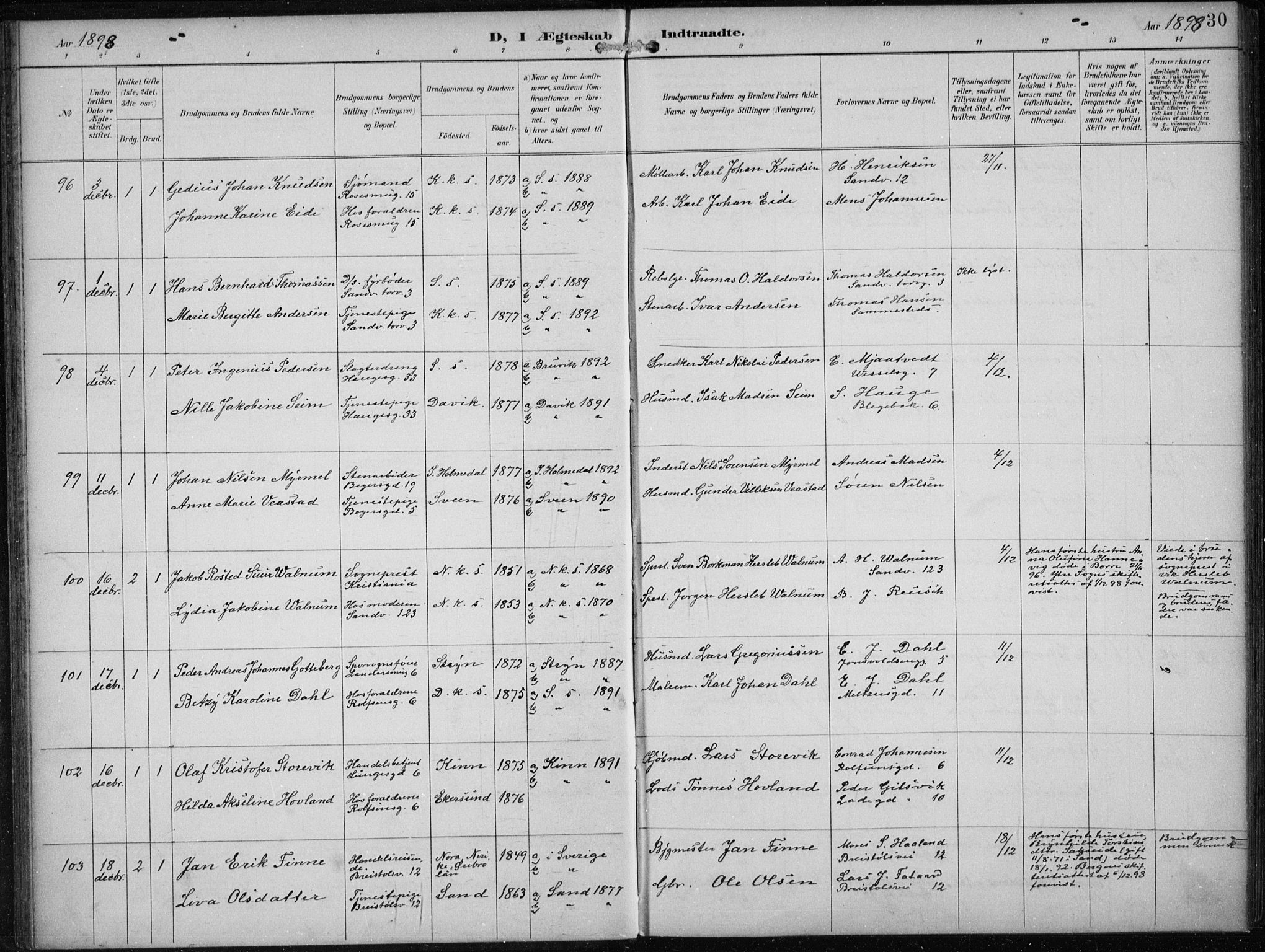 Sandviken Sokneprestembete, SAB/A-77601/H/Ha/L0014: Parish register (official) no. D 1, 1896-1911, p. 30
