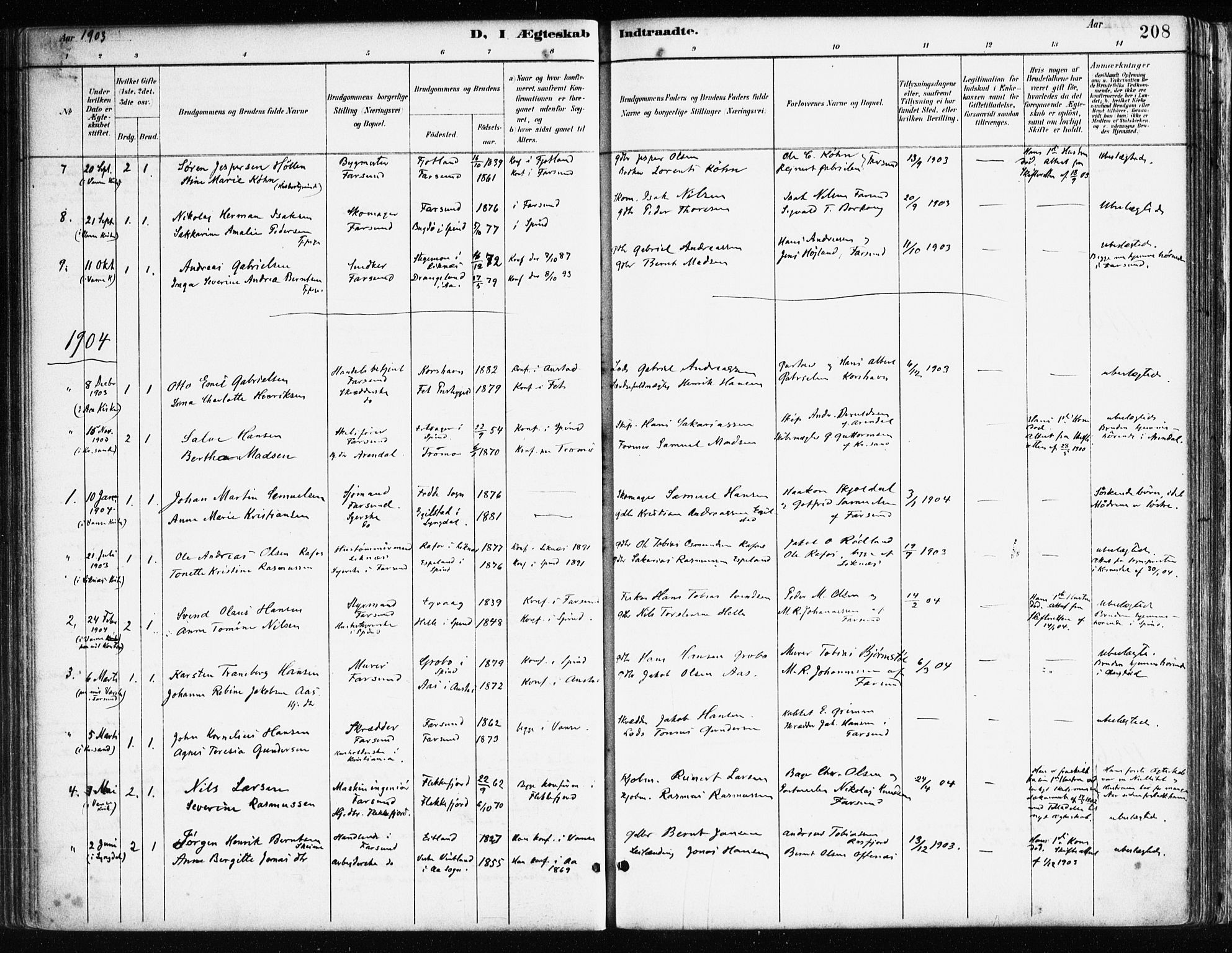 Farsund sokneprestkontor, SAK/1111-0009/F/Fa/L0006: Parish register (official) no. A 6, 1887-1920, p. 208