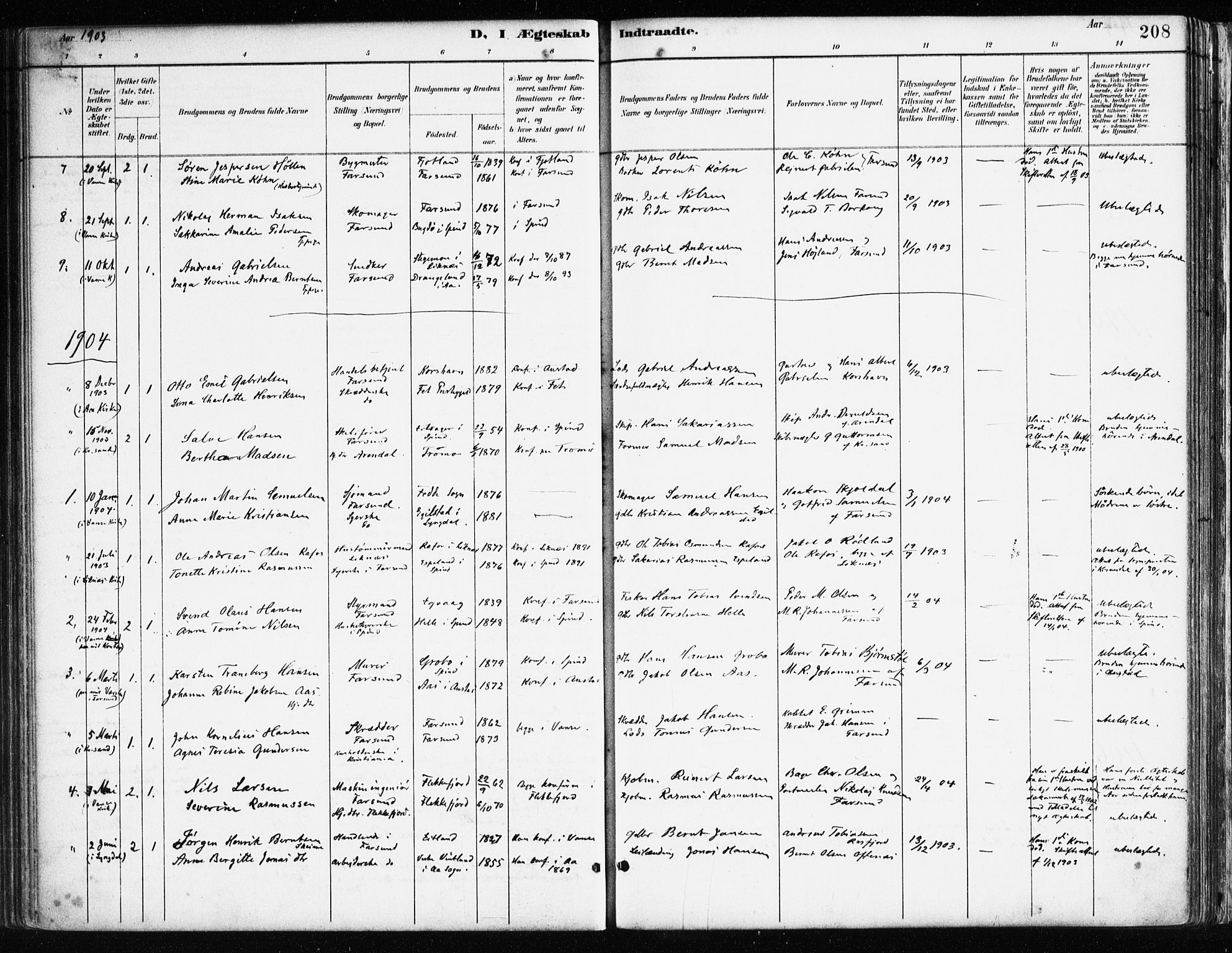 Farsund sokneprestkontor, AV/SAK-1111-0009/F/Fa/L0006: Parish register (official) no. A 6, 1887-1920, p. 208