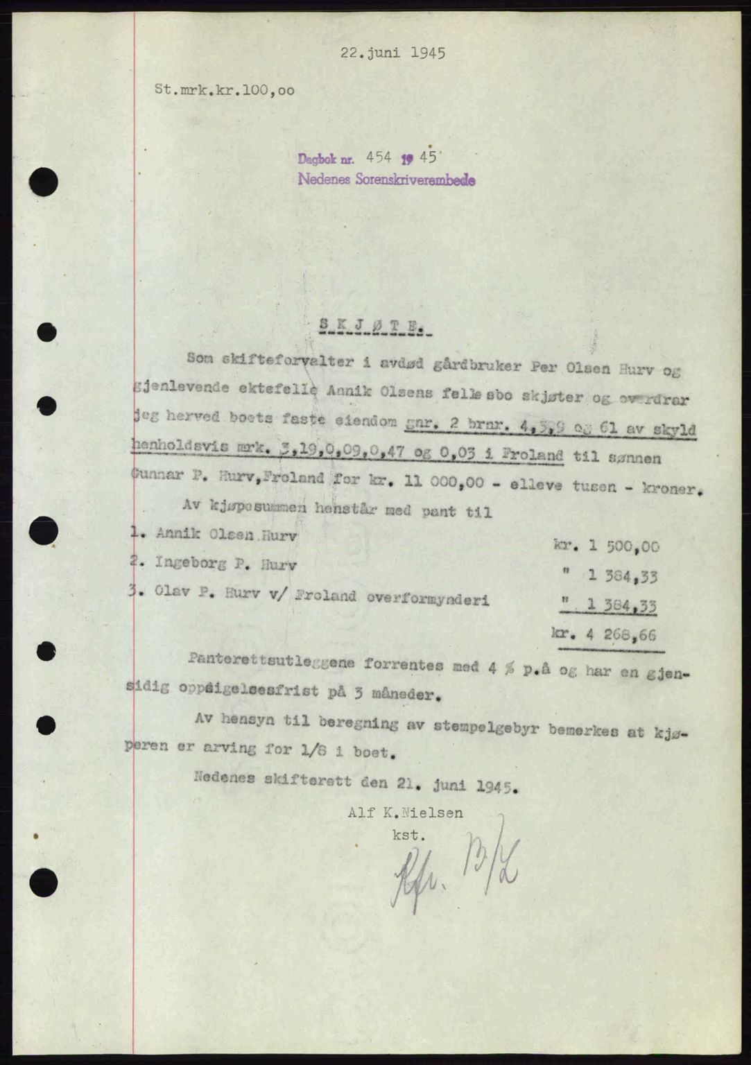 Nedenes sorenskriveri, SAK/1221-0006/G/Gb/Gba/L0052: Mortgage book no. A6a, 1944-1945, Diary no: : 454/1945