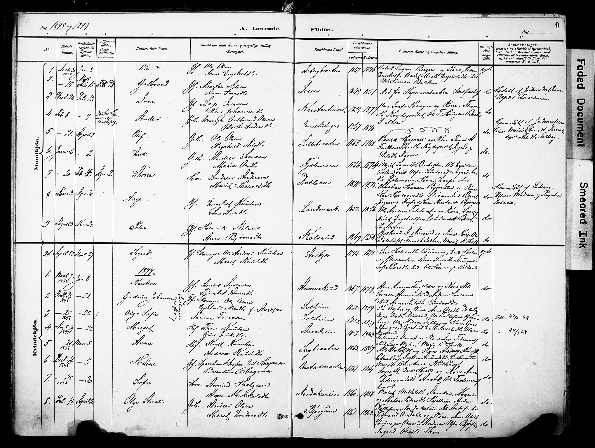 Nord-Aurdal prestekontor, SAH/PREST-132/H/Ha/Haa/L0014: Parish register (official) no. 14, 1896-1912, p. 9