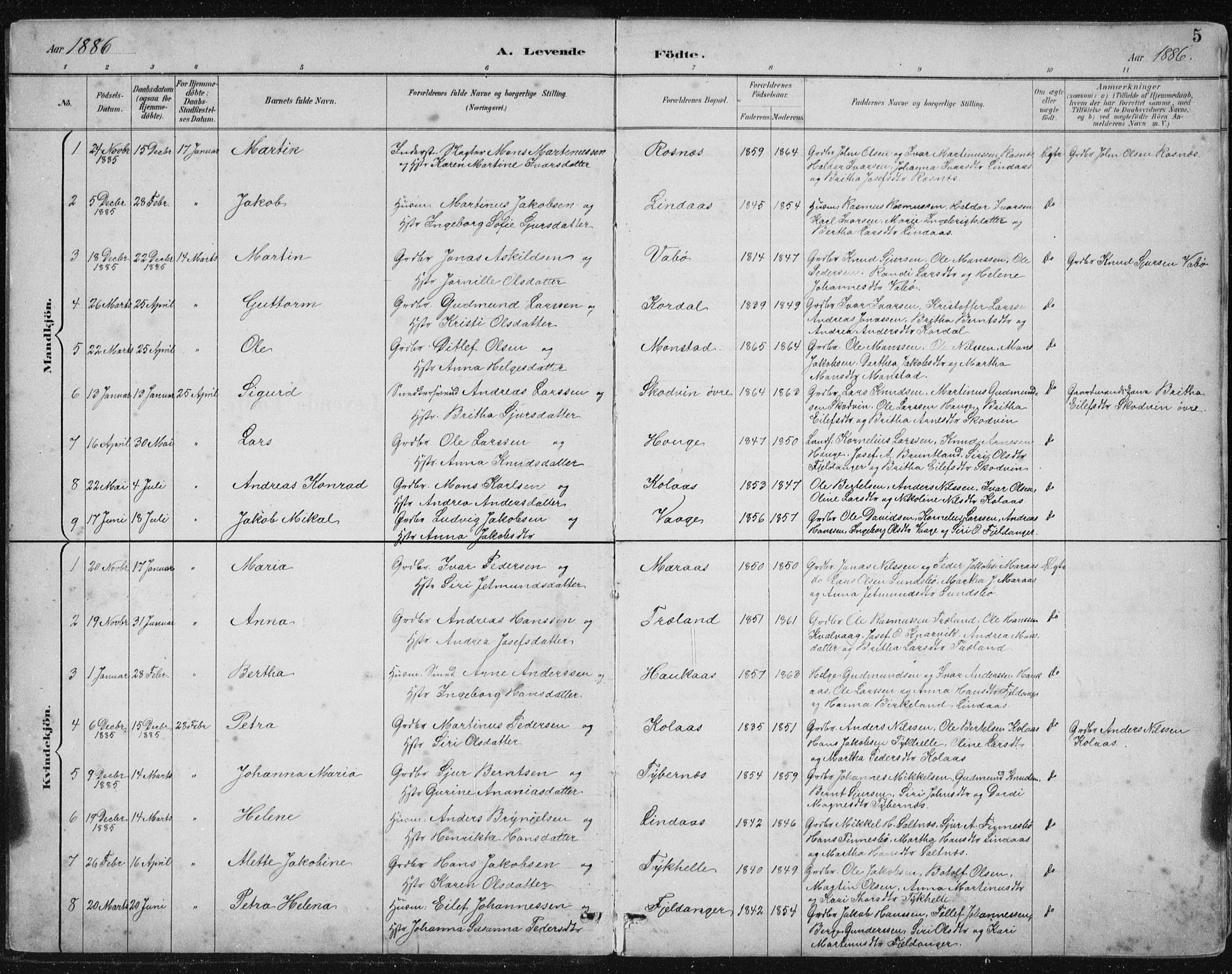 Lindås Sokneprestembete, SAB/A-76701/H/Hab: Parish register (copy) no. B 3, 1886-1914, p. 5