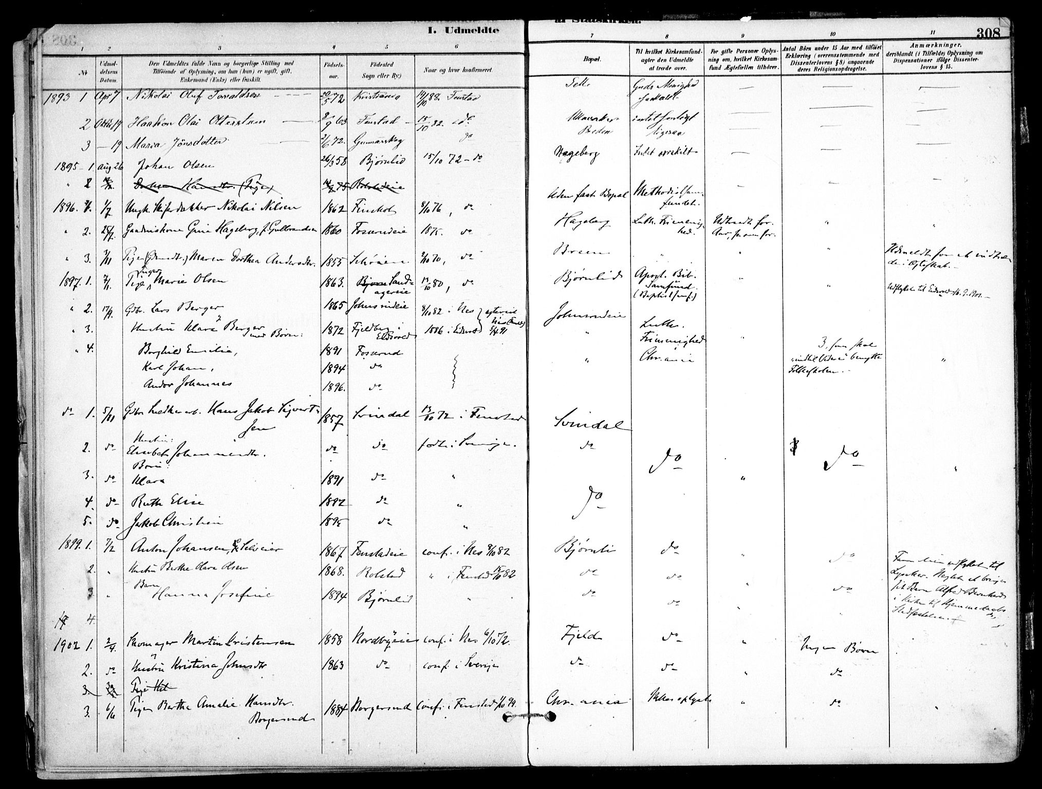 Nes prestekontor Kirkebøker, SAO/A-10410/F/Fb/L0002: Parish register (official) no. II 2, 1883-1918, p. 308