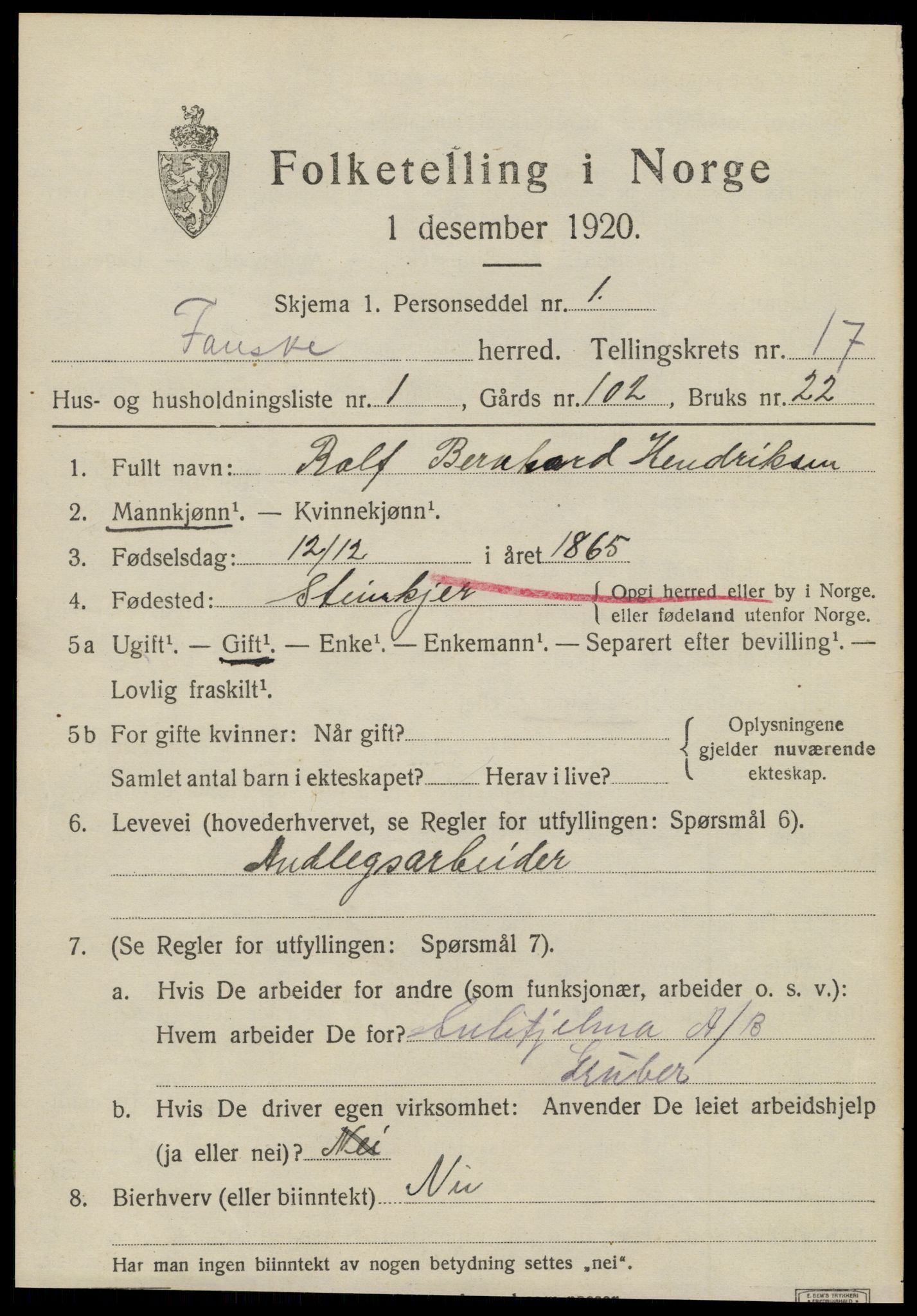 SAT, 1920 census for Fauske, 1920, p. 10438