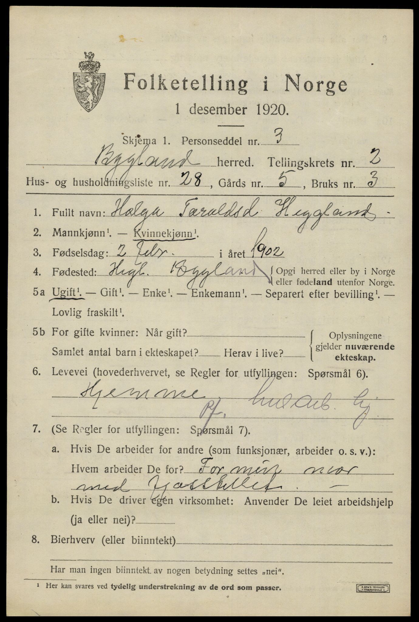 SAK, 1920 census for Bygland, 1920, p. 1457