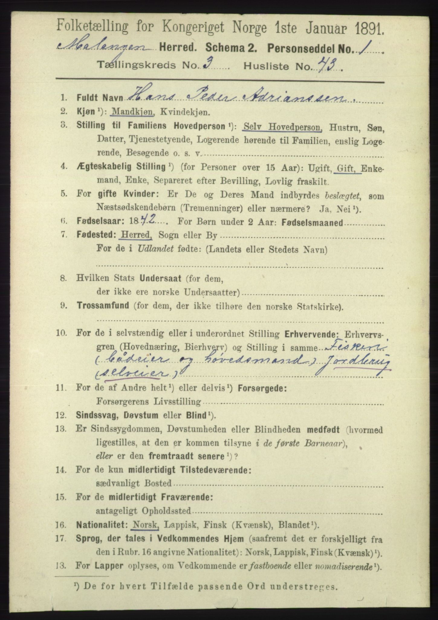 RA, 1891 census for 1932 Malangen, 1891, p. 1027