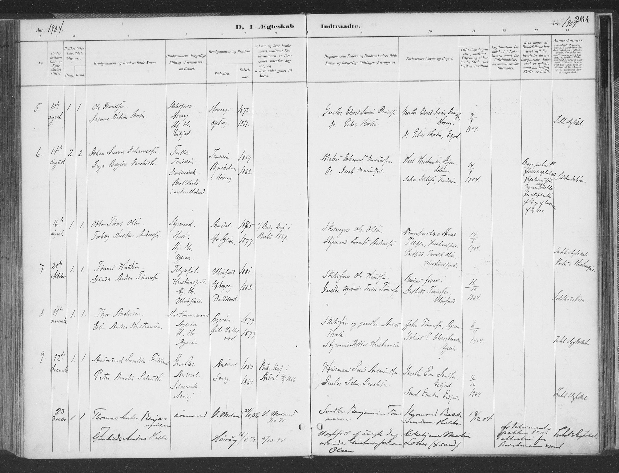 Høvåg sokneprestkontor, AV/SAK-1111-0025/F/Fa/L0006: Parish register (official) no. A 6, 1894-1923, p. 264