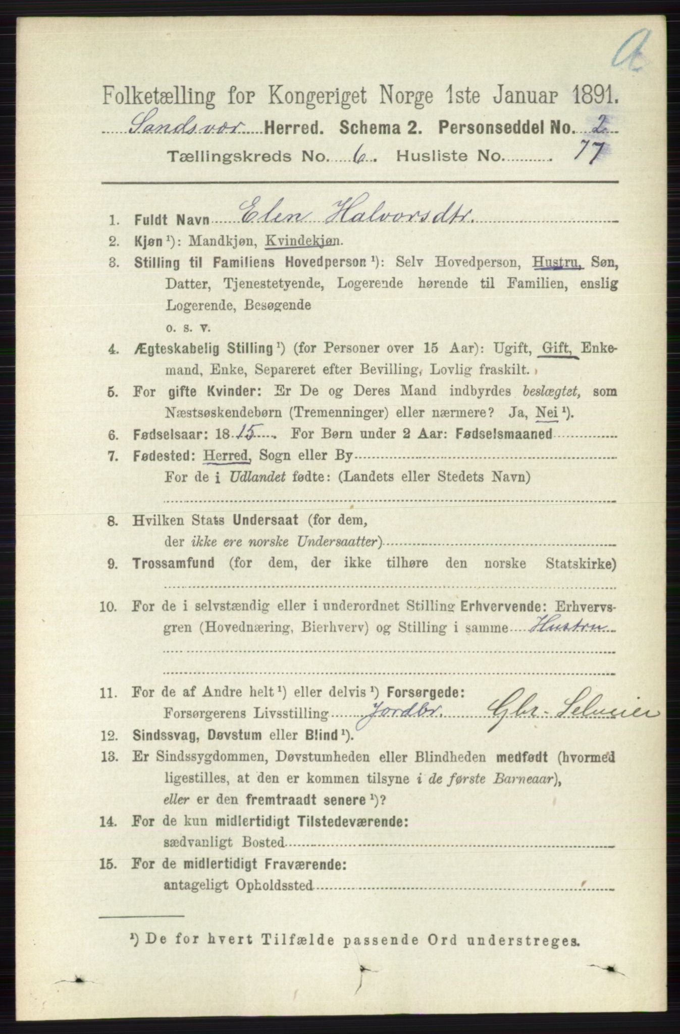 RA, 1891 census for 0629 Sandsvær, 1891, p. 3890