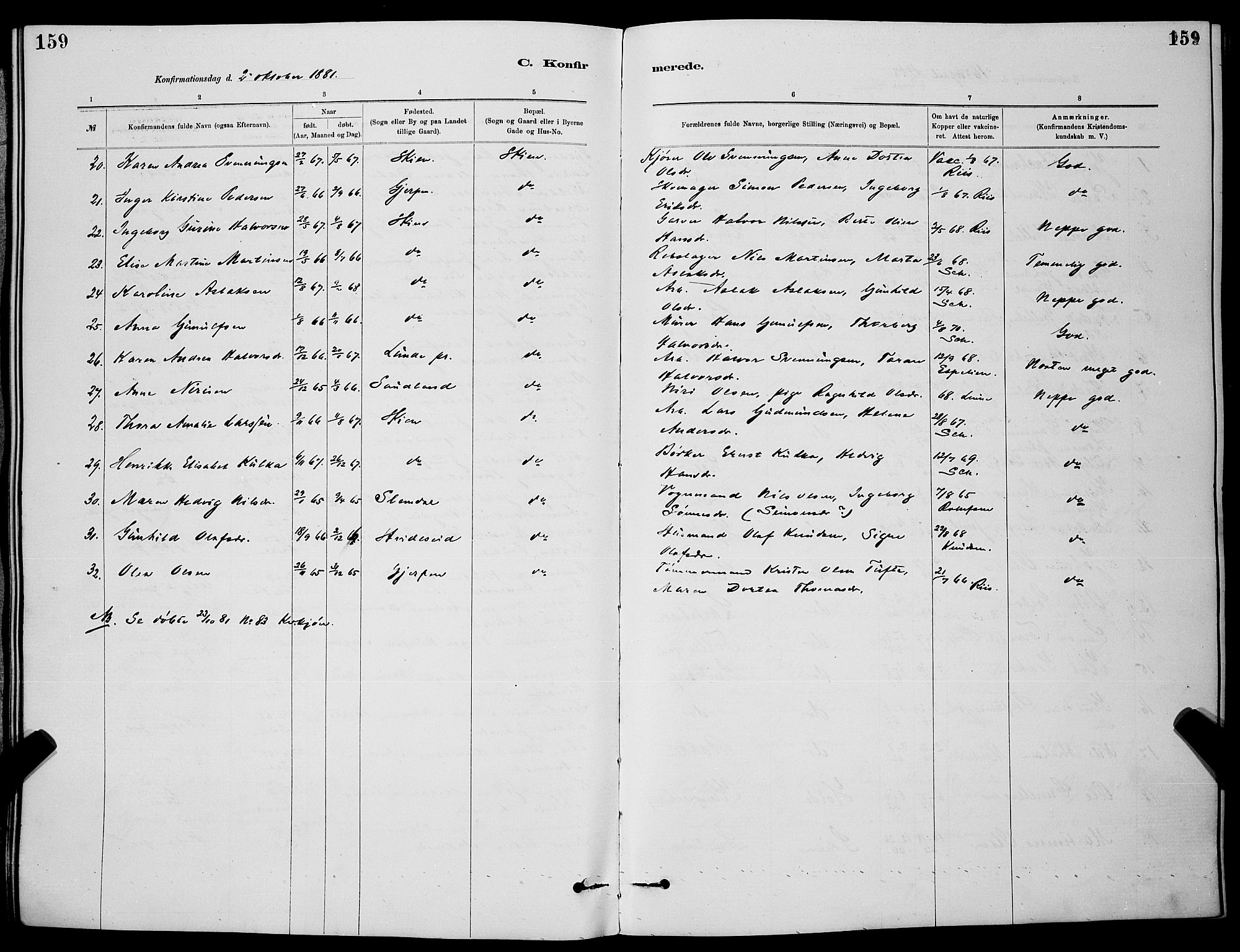 Skien kirkebøker, SAKO/A-302/G/Ga/L0006: Parish register (copy) no. 6, 1881-1890, p. 159