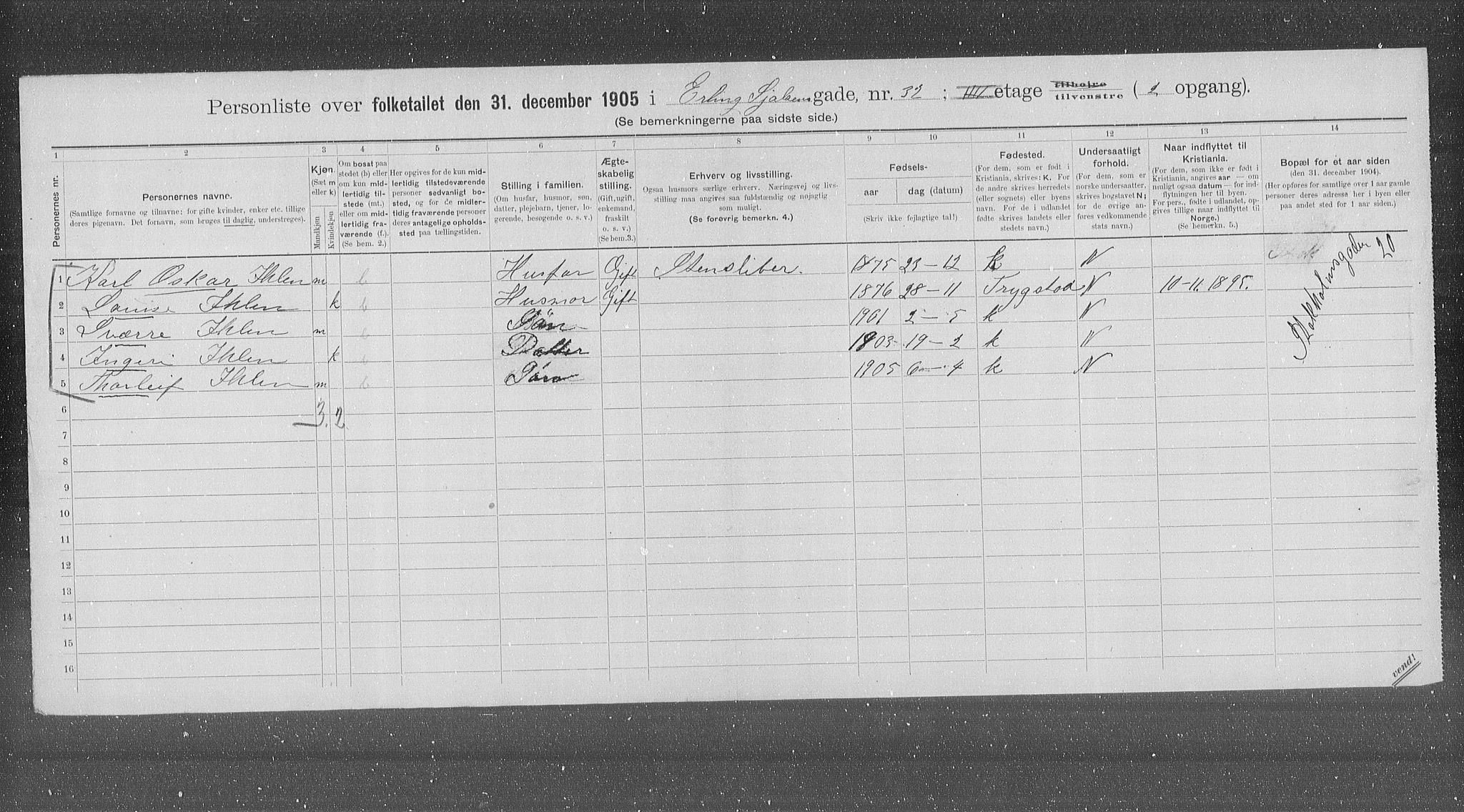 OBA, Municipal Census 1905 for Kristiania, 1905, p. 11560