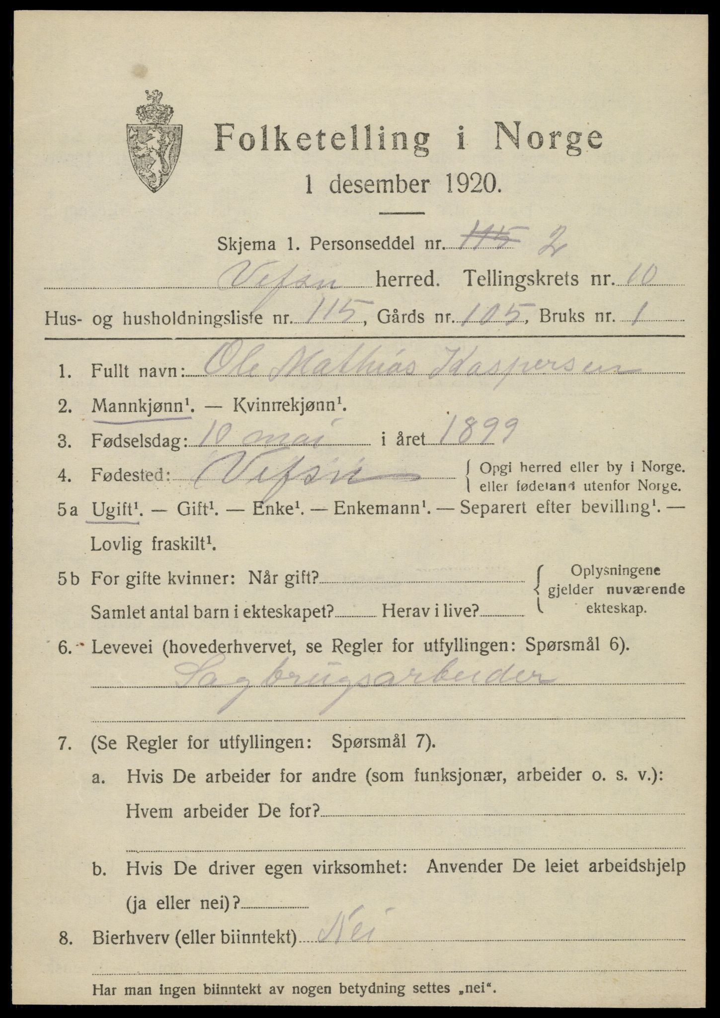 SAT, 1920 census for Vefsn, 1920, p. 8363
