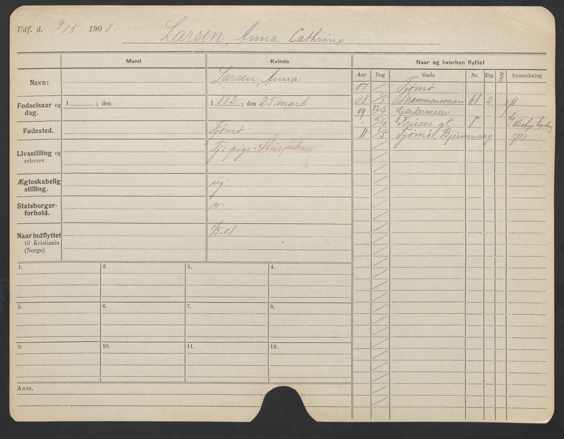 Oslo folkeregister, Registerkort, AV/SAO-A-11715/F/Fa/Fac/L0019: Kvinner, 1906-1914, p. 815a