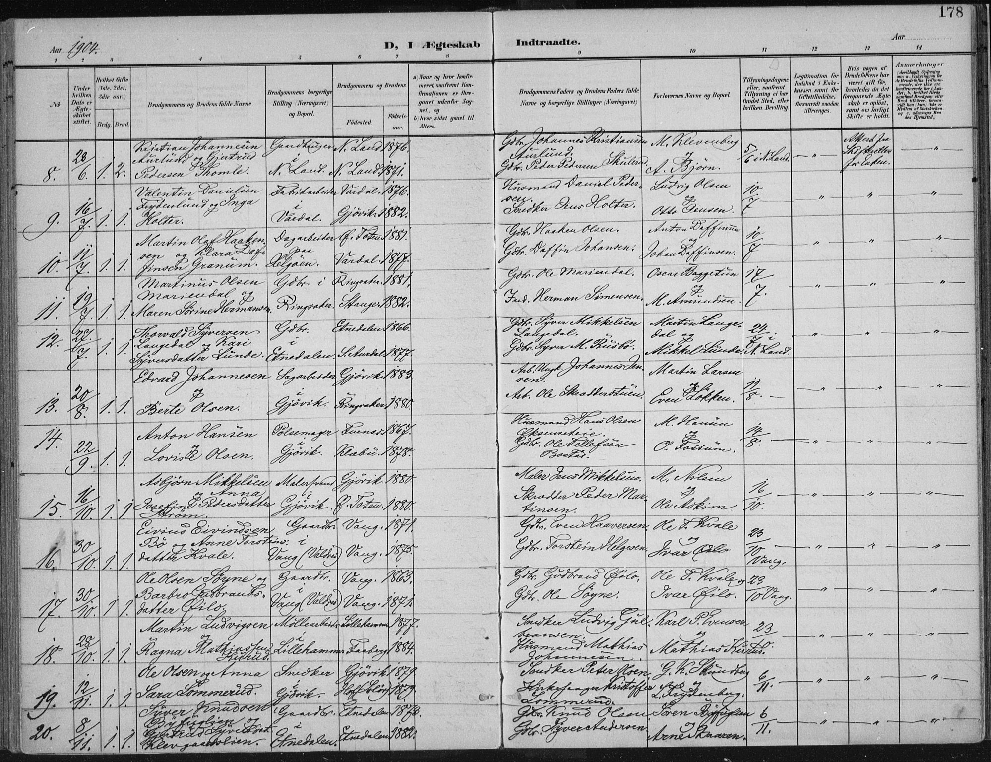 Vardal prestekontor, SAH/PREST-100/H/Ha/Haa/L0013: Parish register (official) no. 13, 1901-1911, p. 178