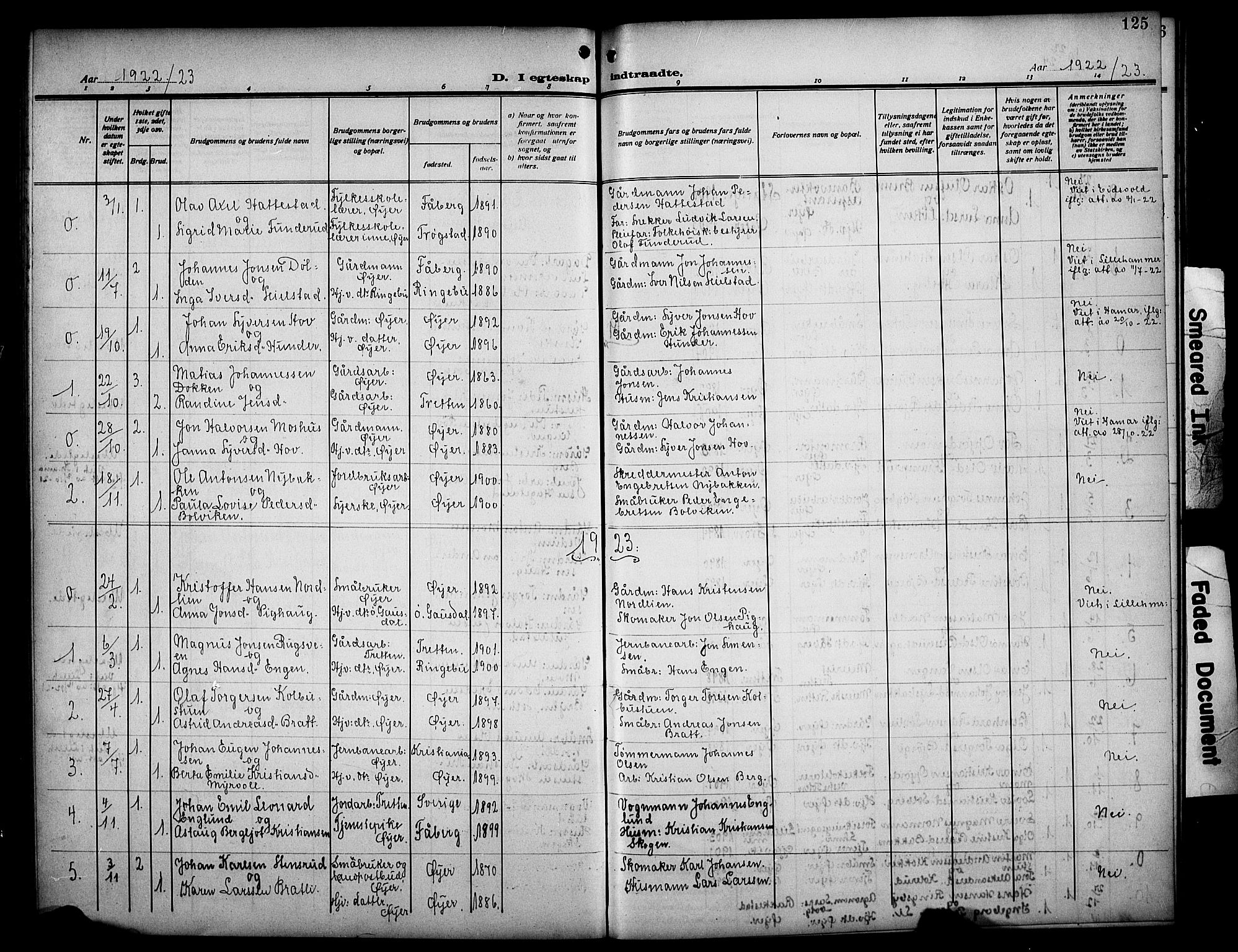 Øyer prestekontor, AV/SAH-PREST-084/H/Ha/Hab/L0007: Parish register (copy) no. 7, 1913-1928, p. 125