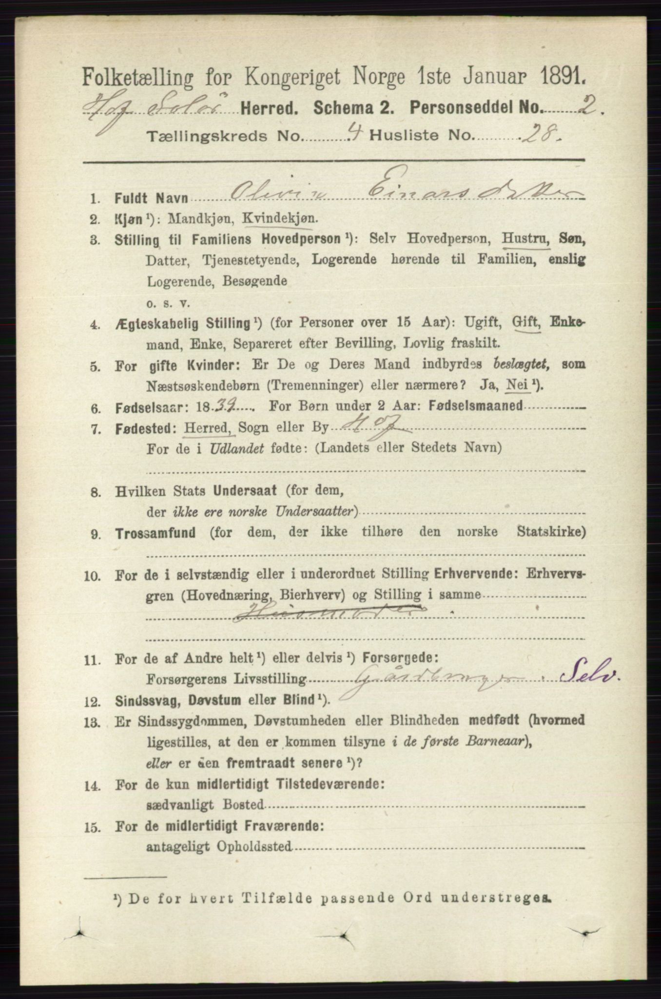 RA, 1891 census for 0424 Hof, 1891, p. 1622