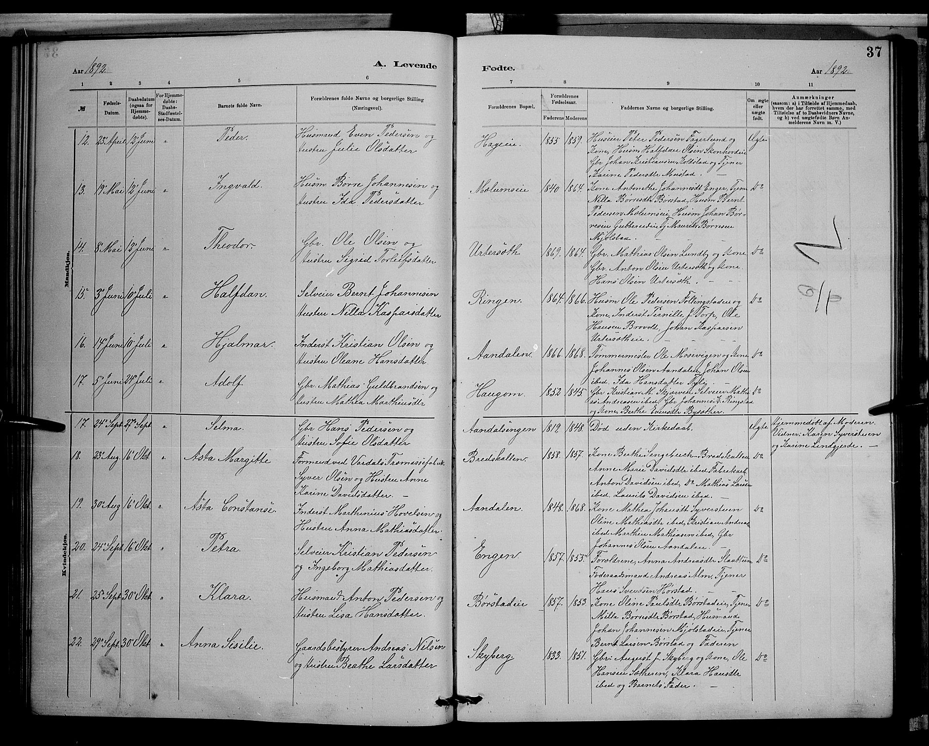 Vardal prestekontor, AV/SAH-PREST-100/H/Ha/Hab/L0008: Parish register (copy) no. 8, 1881-1898, p. 37