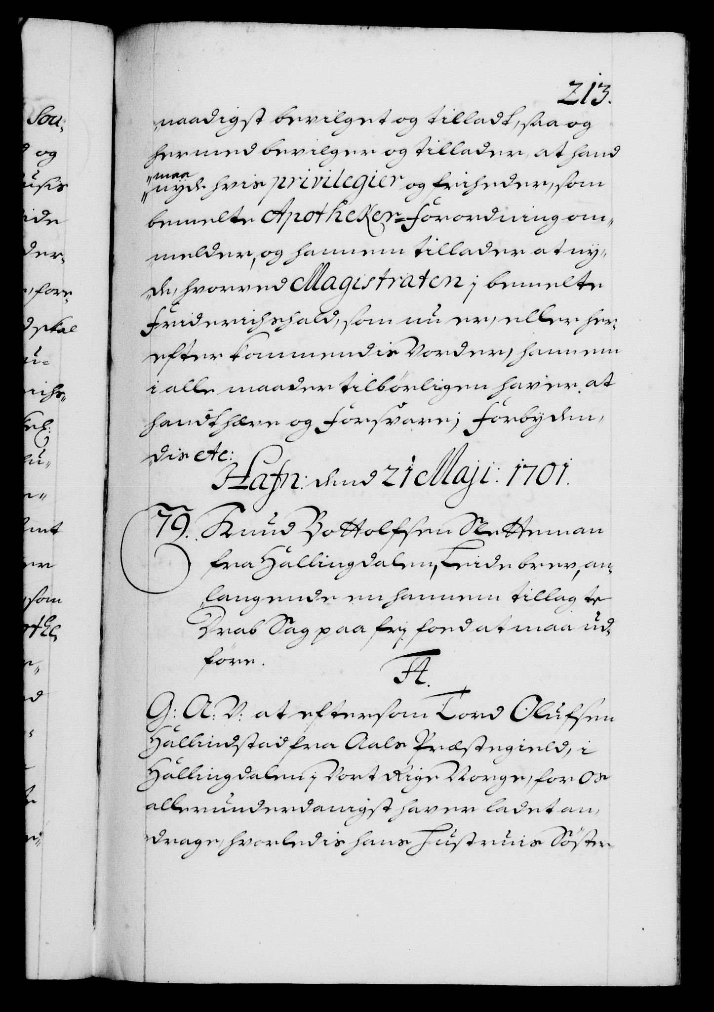 Danske Kanselli 1572-1799, AV/RA-EA-3023/F/Fc/Fca/Fcaa/L0018: Norske registre, 1699-1703, p. 213a