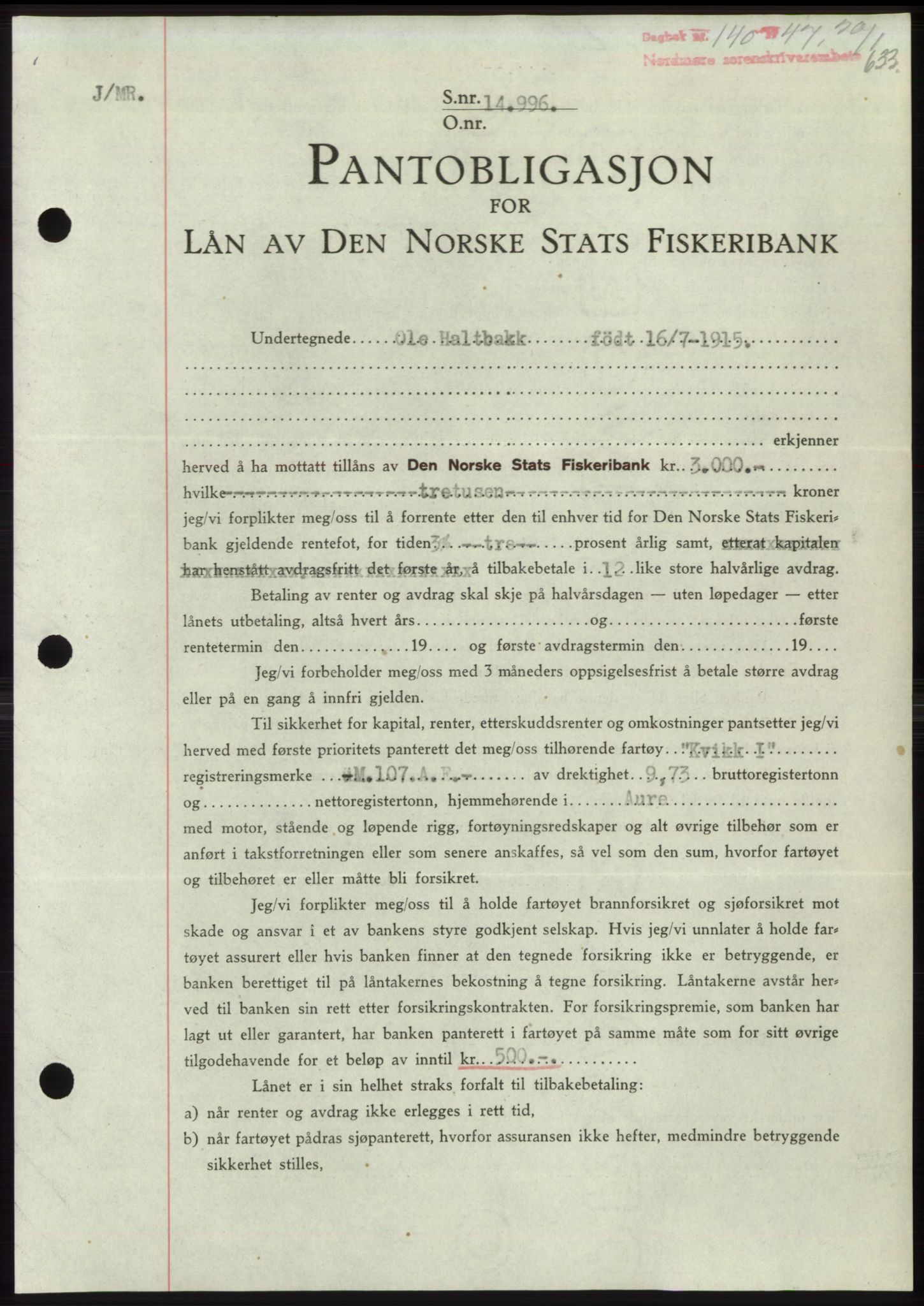 Nordmøre sorenskriveri, AV/SAT-A-4132/1/2/2Ca: Mortgage book no. B95, 1946-1947, Diary no: : 140/1947