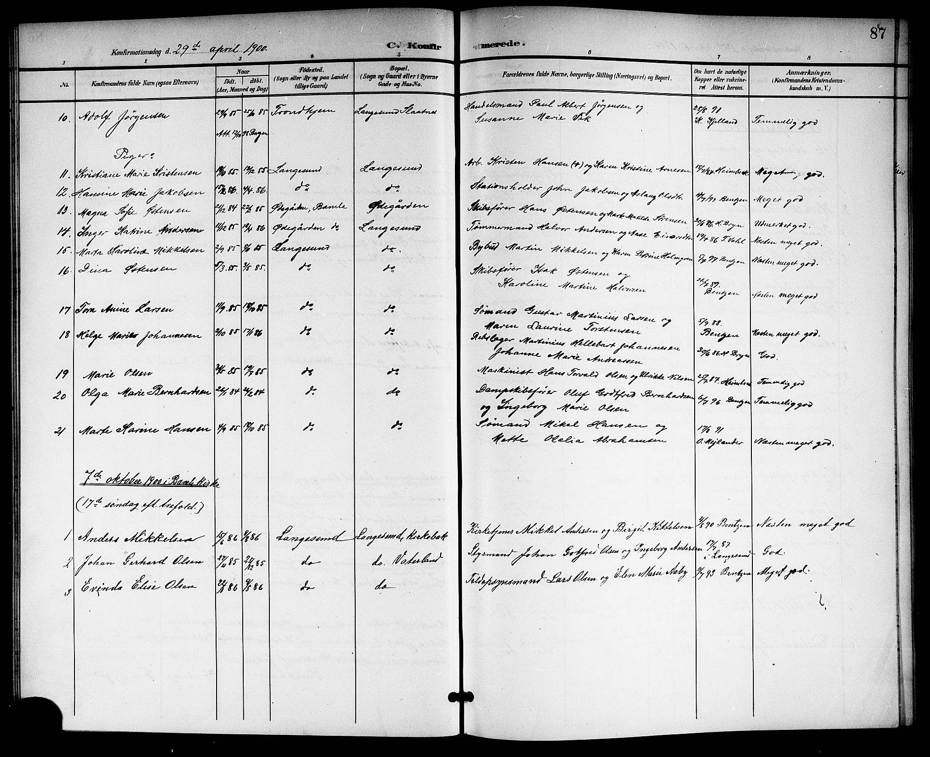Langesund kirkebøker, SAKO/A-280/G/Ga/L0006: Parish register (copy) no. 6, 1899-1918, p. 87