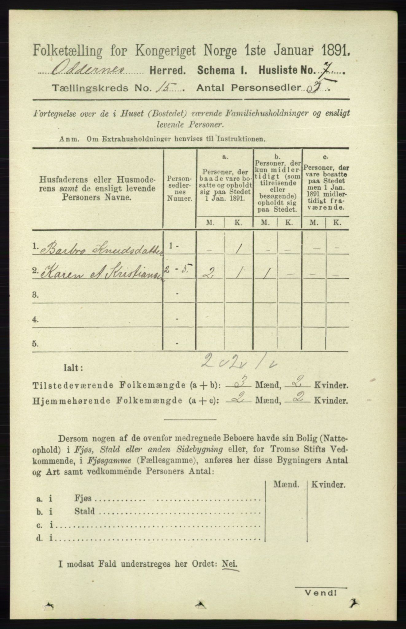 RA, 1891 census for 1012 Oddernes, 1891, p. 5016