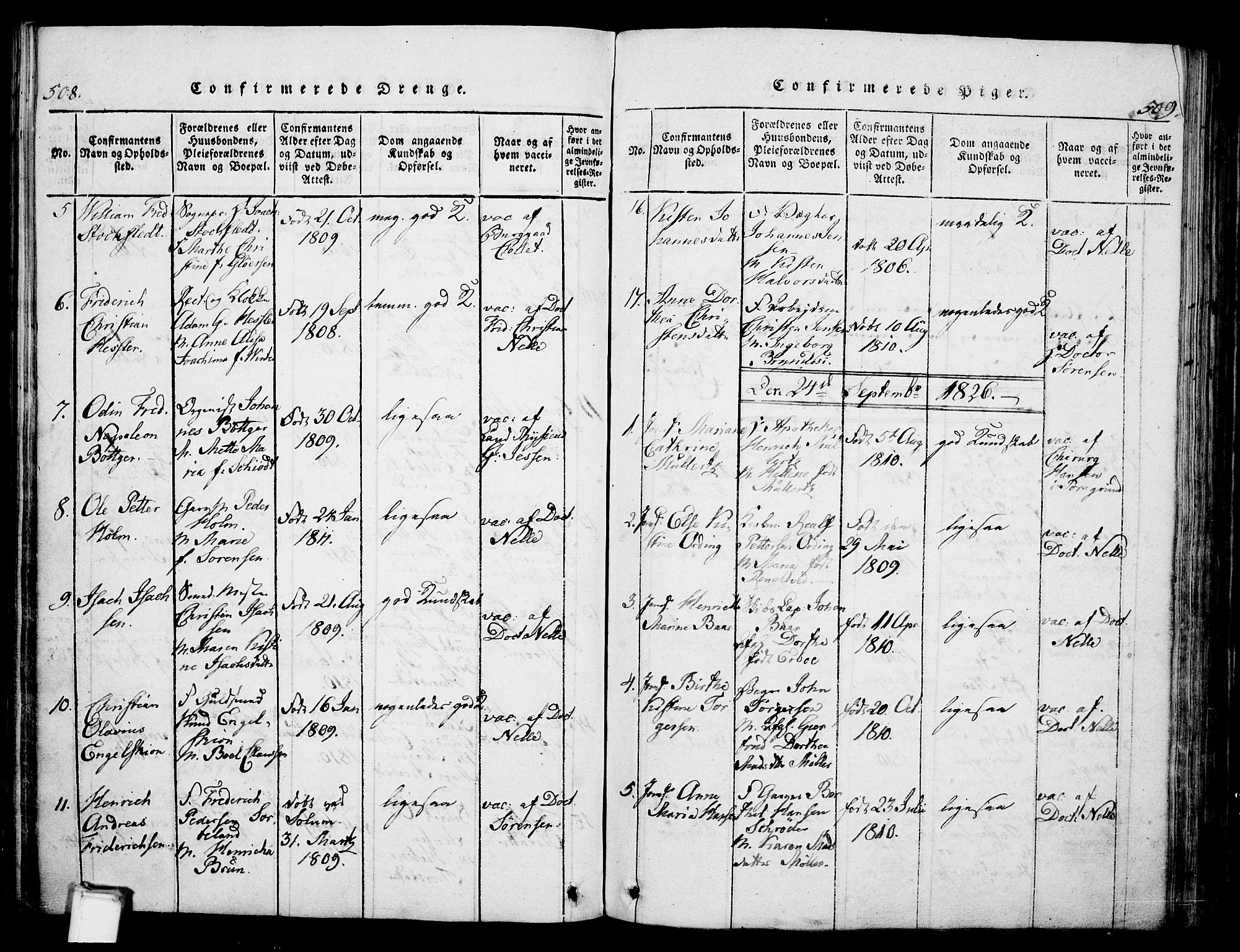 Skien kirkebøker, SAKO/A-302/G/Ga/L0002: Parish register (copy) no. 2, 1814-1842, p. 508-509