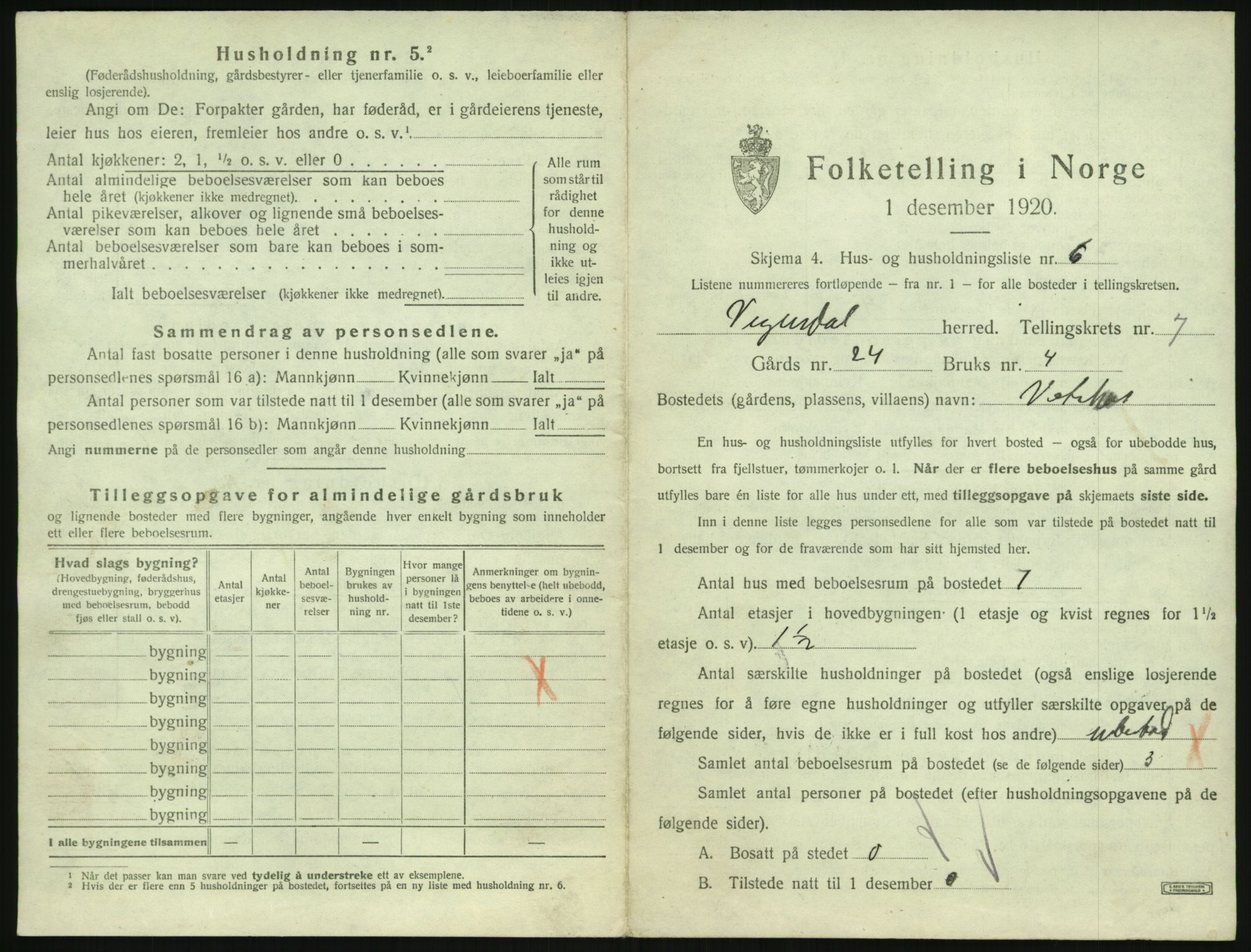 SAK, 1920 census for Vegusdal, 1920, p. 285