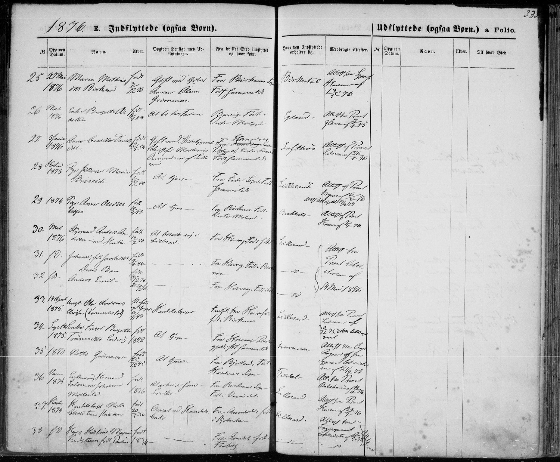 Vestre Moland sokneprestkontor, AV/SAK-1111-0046/F/Fa/Fab/L0008: Parish register (official) no. A 8, 1873-1883, p. 333