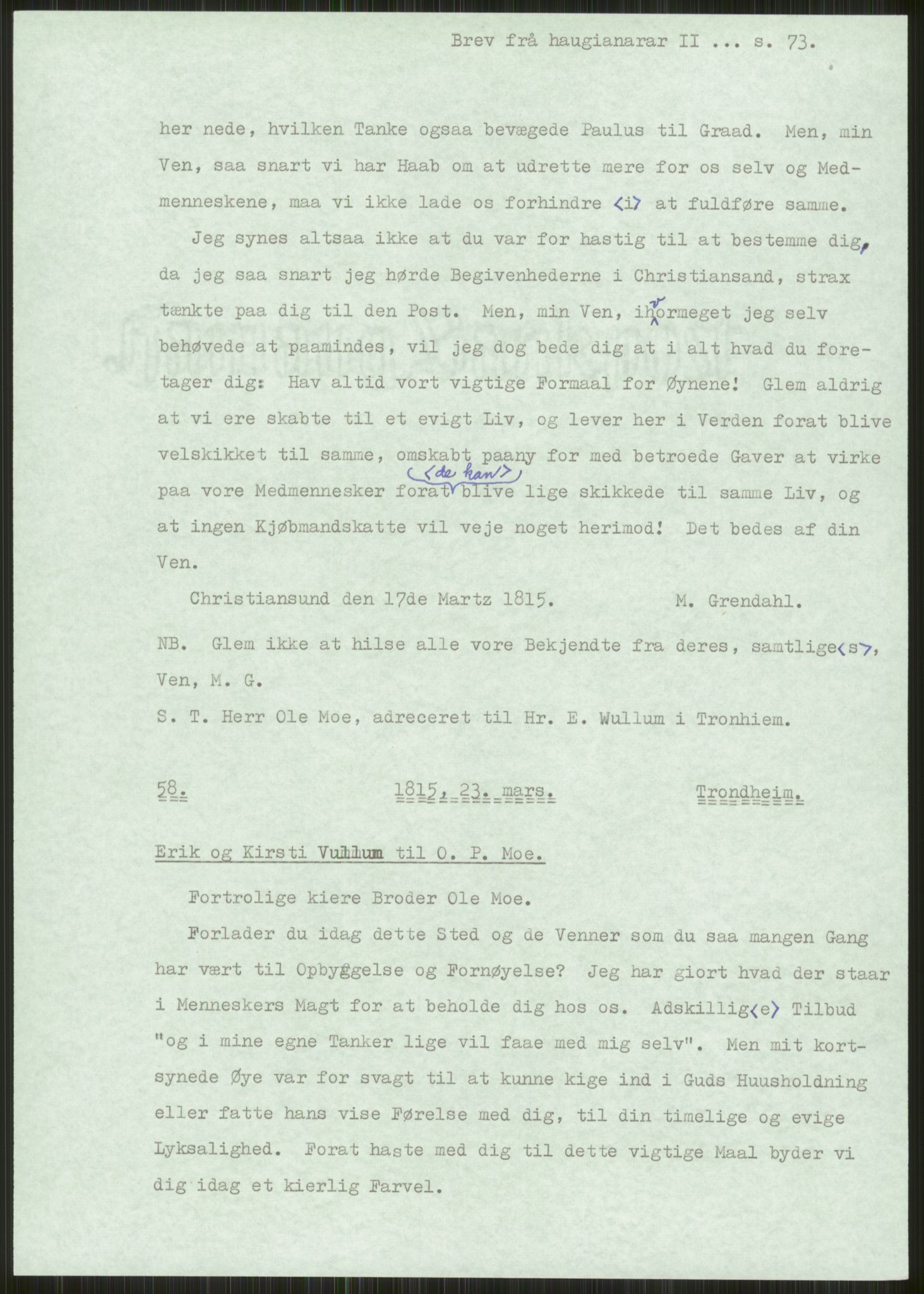 Samlinger til kildeutgivelse, Haugianerbrev, AV/RA-EA-6834/F/L0002: Haugianerbrev II: 1805-1821, 1805-1821, p. 73