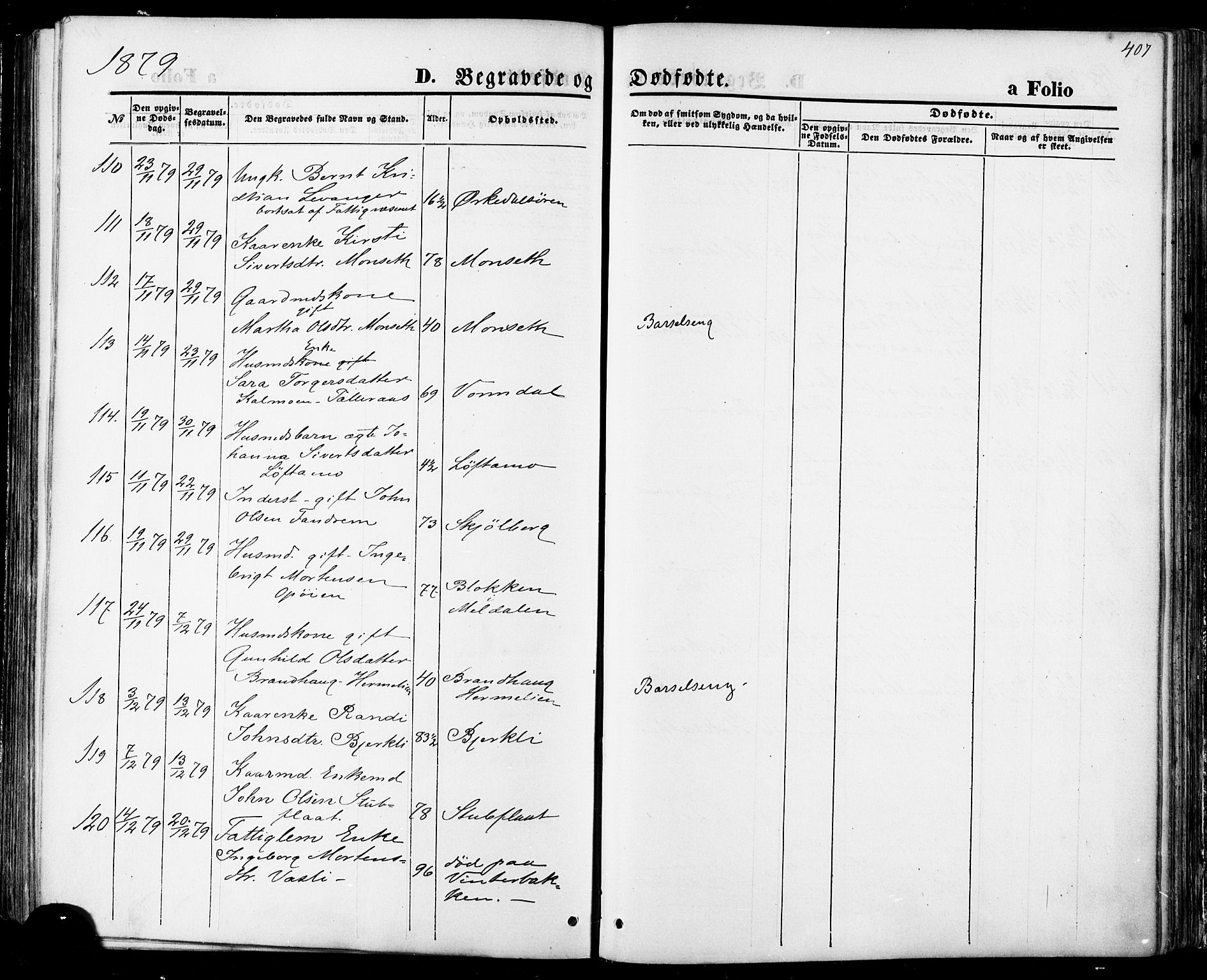 Ministerialprotokoller, klokkerbøker og fødselsregistre - Sør-Trøndelag, SAT/A-1456/668/L0807: Parish register (official) no. 668A07, 1870-1880, p. 407