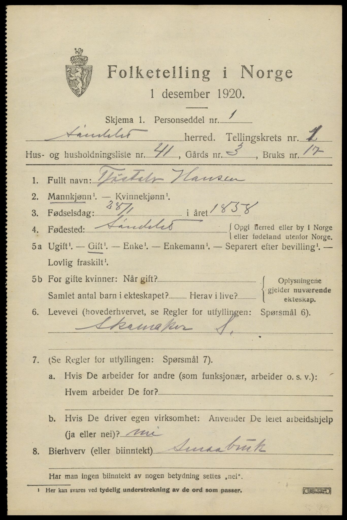 SAK, 1920 census for Søndeled, 1920, p. 1699