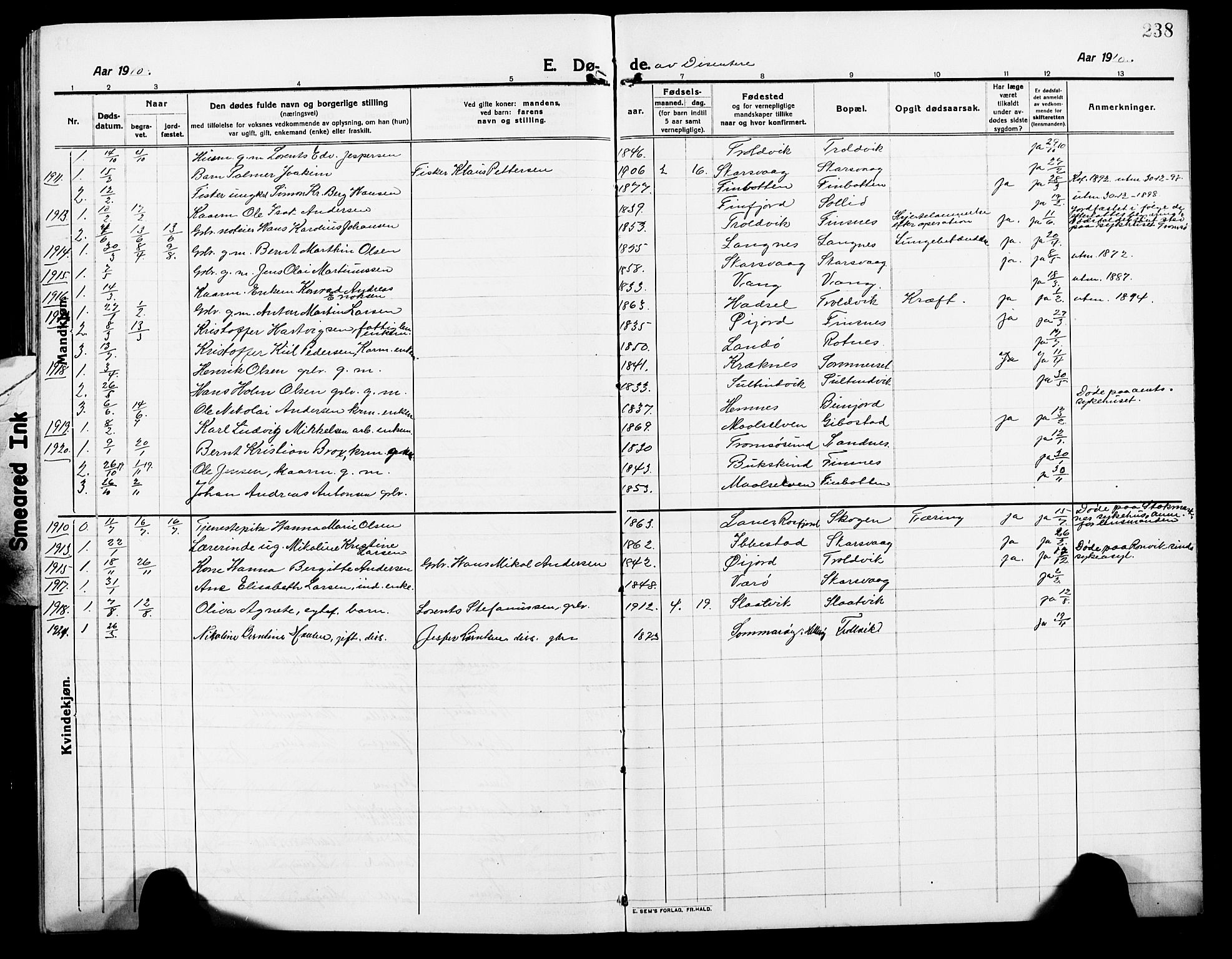Lenvik sokneprestembete, AV/SATØ-S-1310/H/Ha/Hab/L0009klokker: Parish register (copy) no. 9, 1912-1926, p. 238