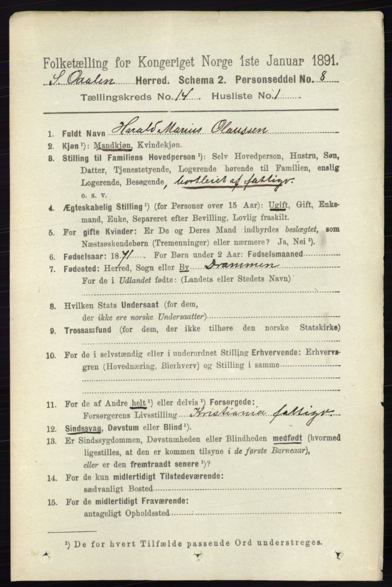 RA, 1891 census for 0419 Sør-Odal, 1891, p. 5992