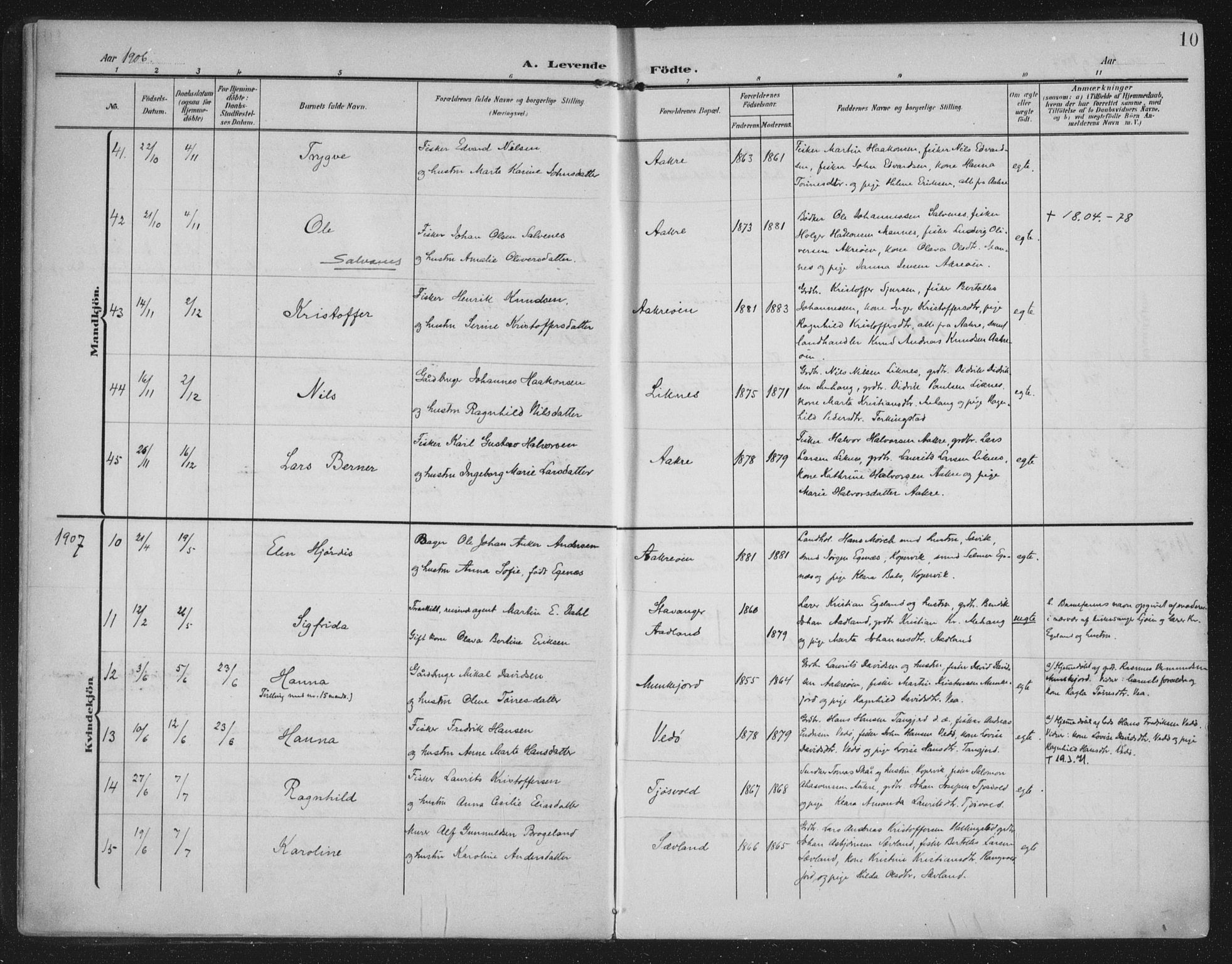 Kopervik sokneprestkontor, AV/SAST-A-101850/H/Ha/Haa/L0005: Parish register (official) no. A 5, 1906-1924, p. 10