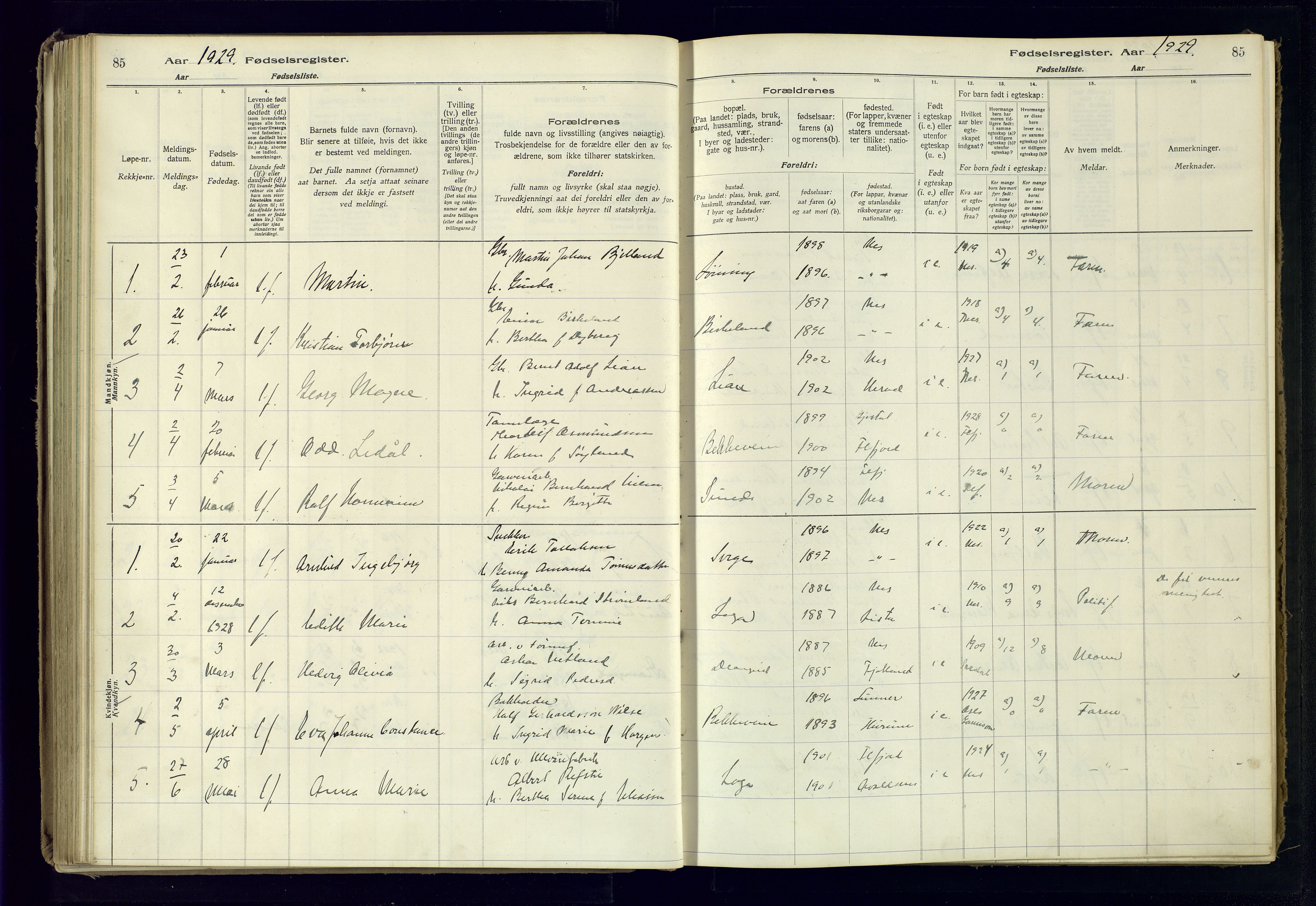 Flekkefjord sokneprestkontor, AV/SAK-1111-0012/J/Ja/L0005: Birth register no. 5, 1916-1950, p. 85