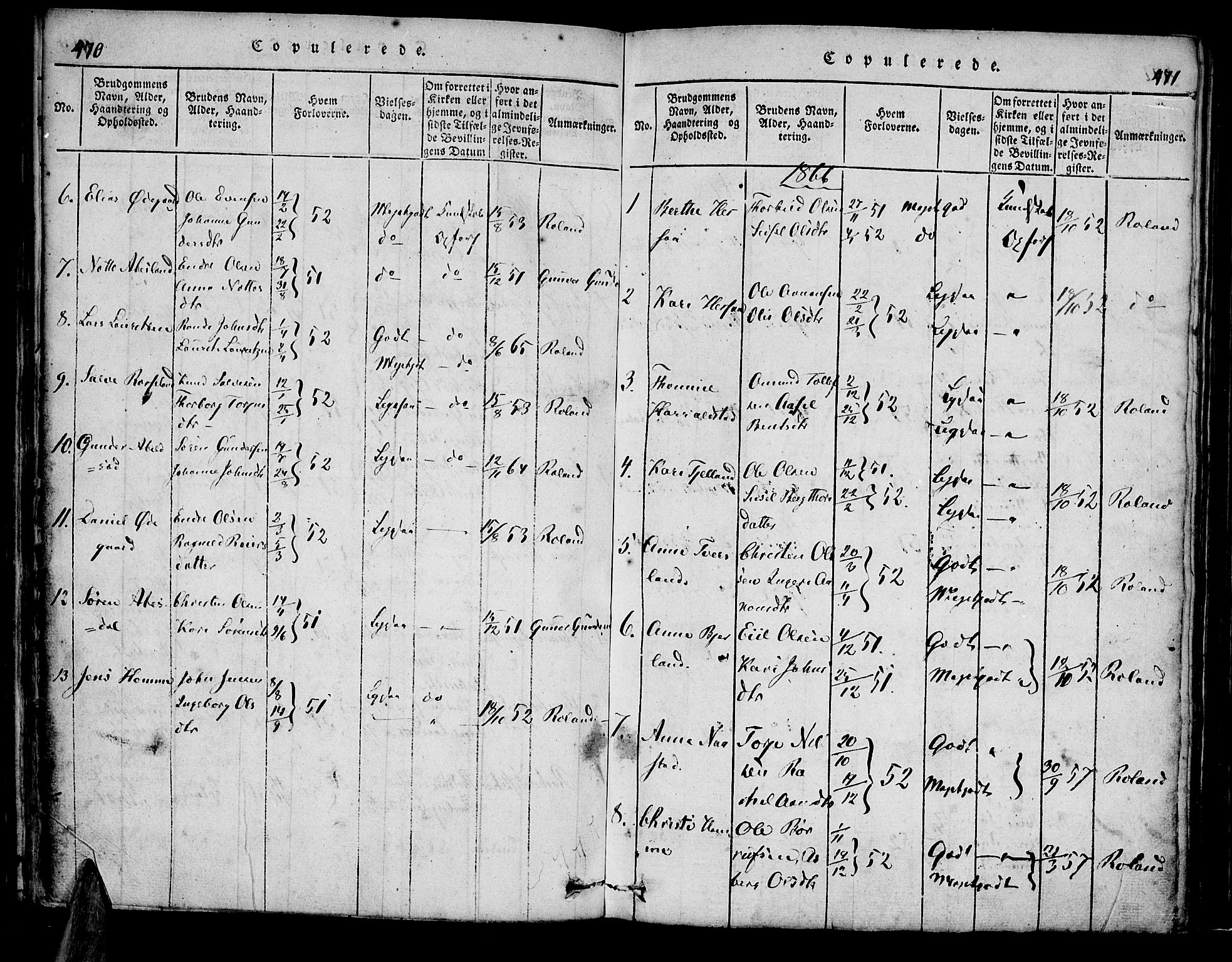 Bjelland sokneprestkontor, AV/SAK-1111-0005/F/Fa/Faa/L0002: Parish register (official) no. A 2, 1816-1866, p. 470-471