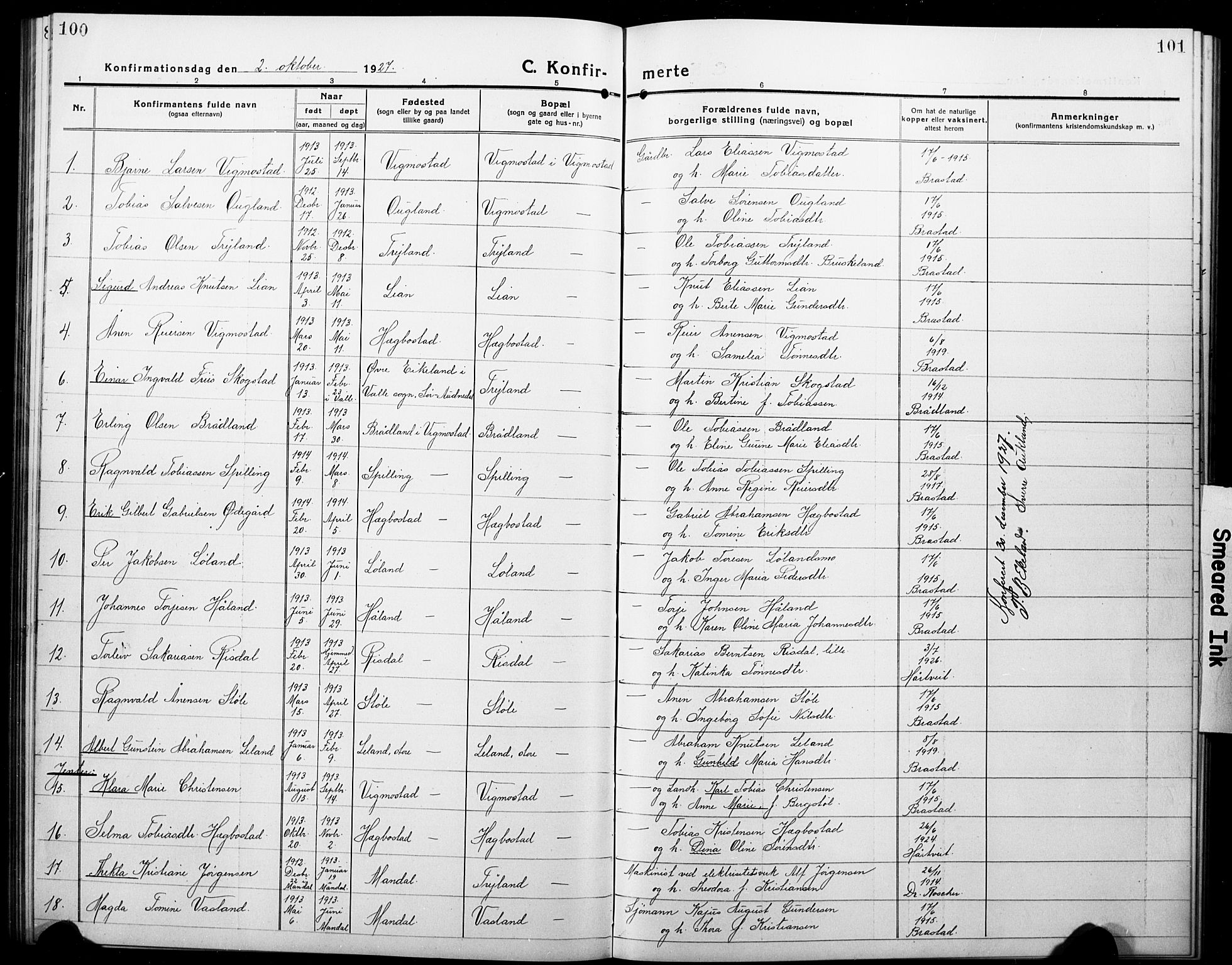 Nord-Audnedal sokneprestkontor, SAK/1111-0032/F/Fb/Fbb/L0005: Parish register (copy) no. B 5, 1918-1929, p. 100-101