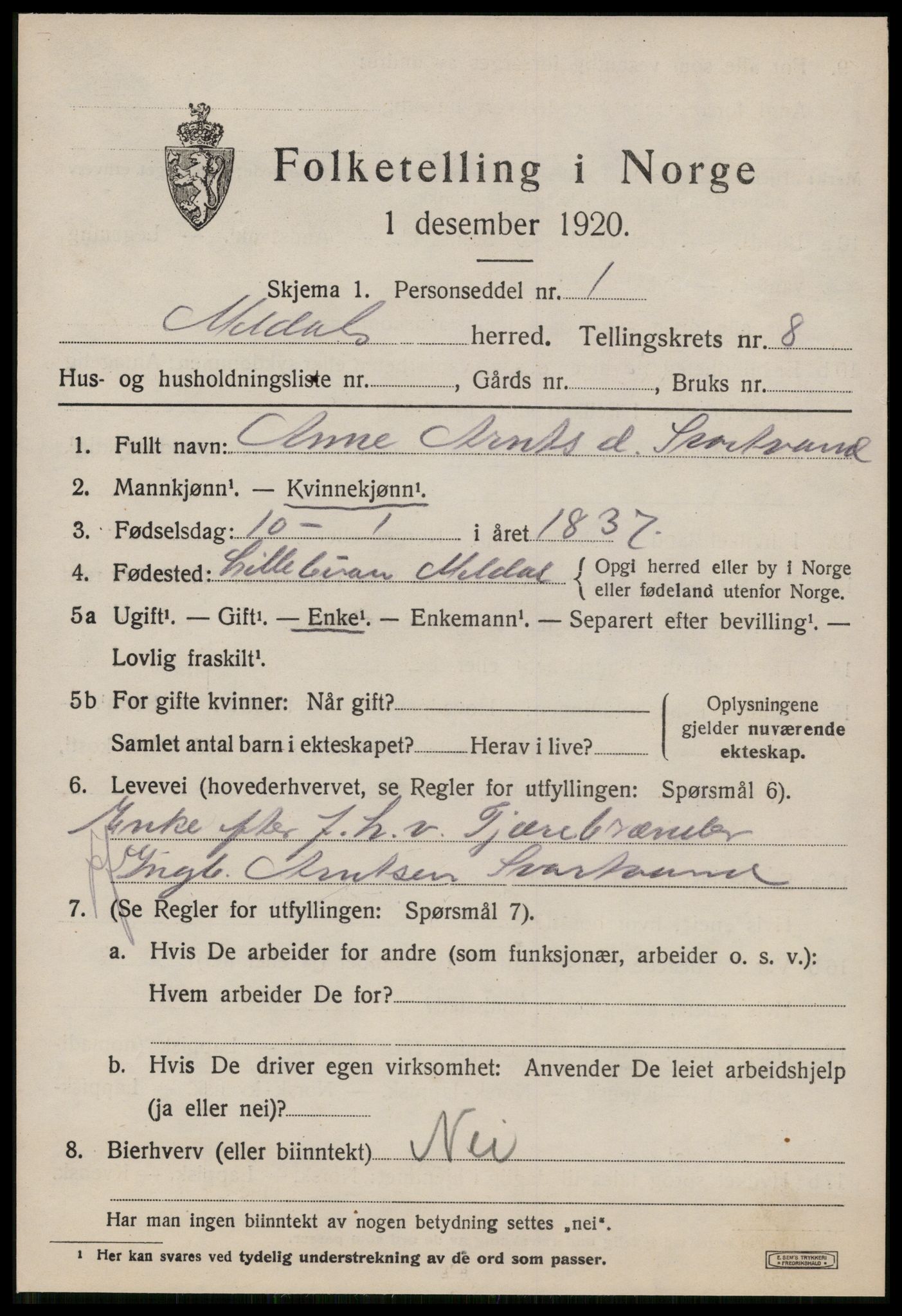 SAT, 1920 census for Meldal, 1920, p. 7493