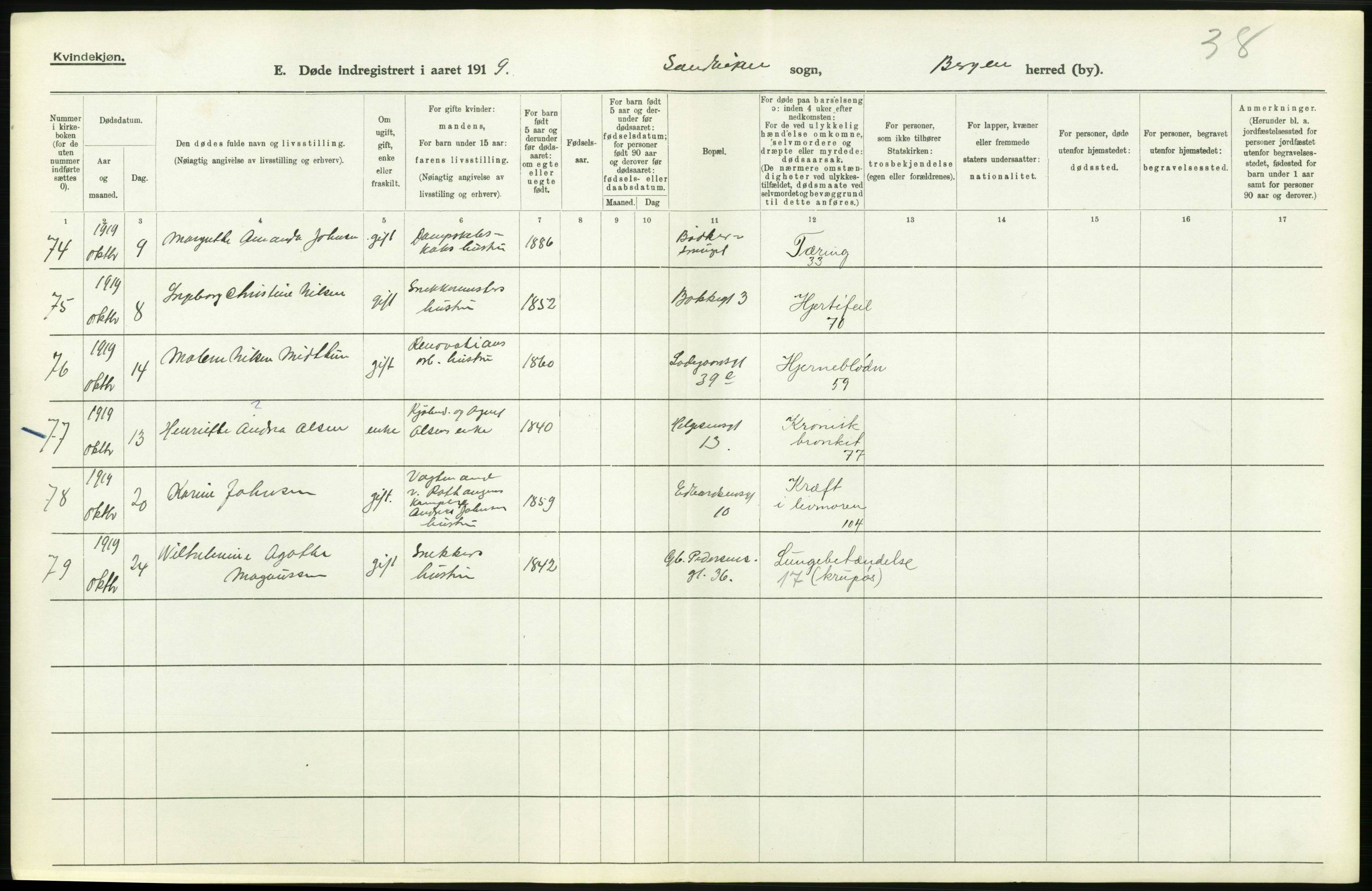 Statistisk sentralbyrå, Sosiodemografiske emner, Befolkning, AV/RA-S-2228/D/Df/Dfb/Dfbi/L0035: Bergen: Gifte, døde, dødfødte., 1919, p. 498