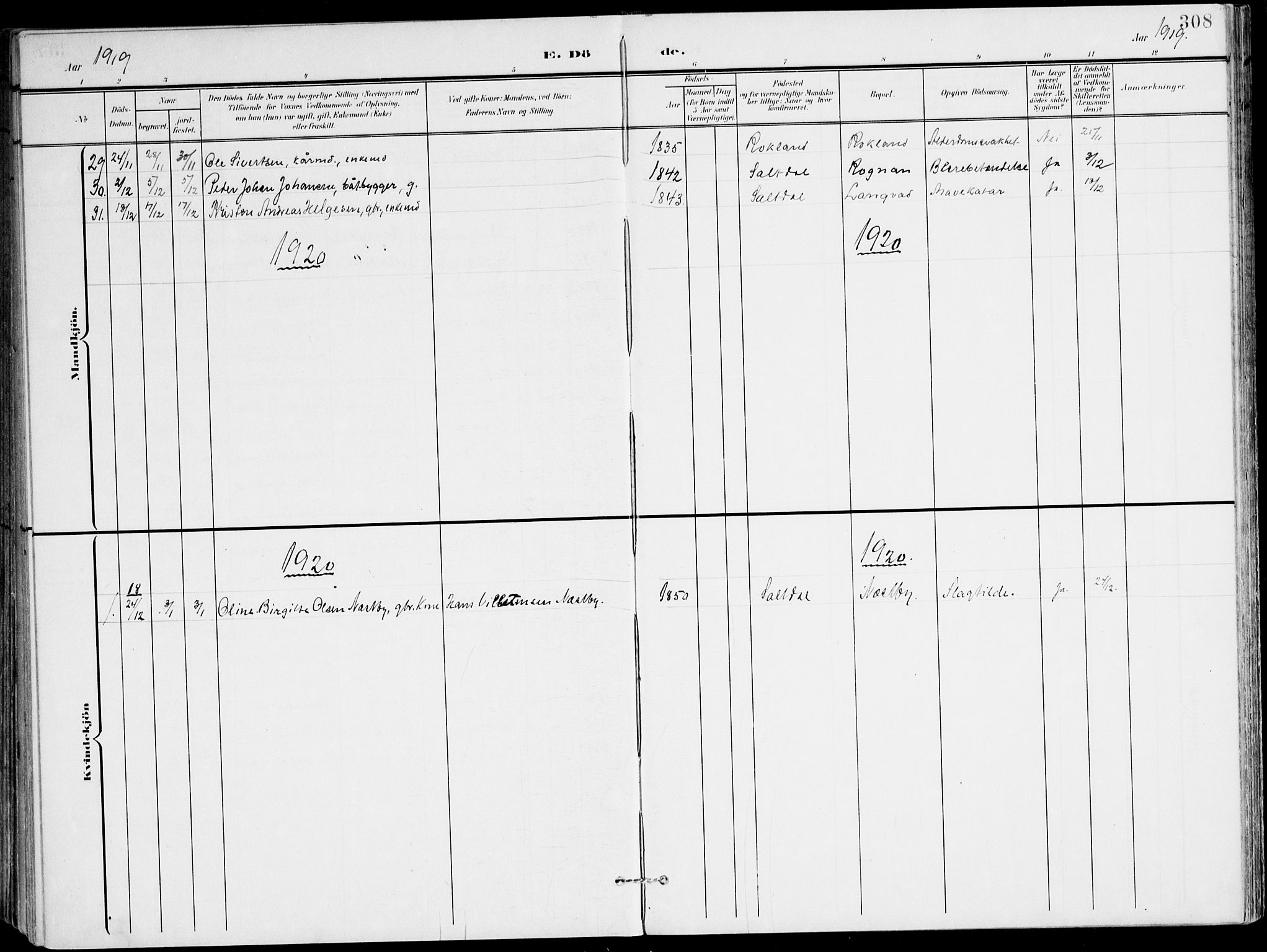 Ministerialprotokoller, klokkerbøker og fødselsregistre - Nordland, AV/SAT-A-1459/847/L0672: Parish register (official) no. 847A12, 1902-1919, p. 308