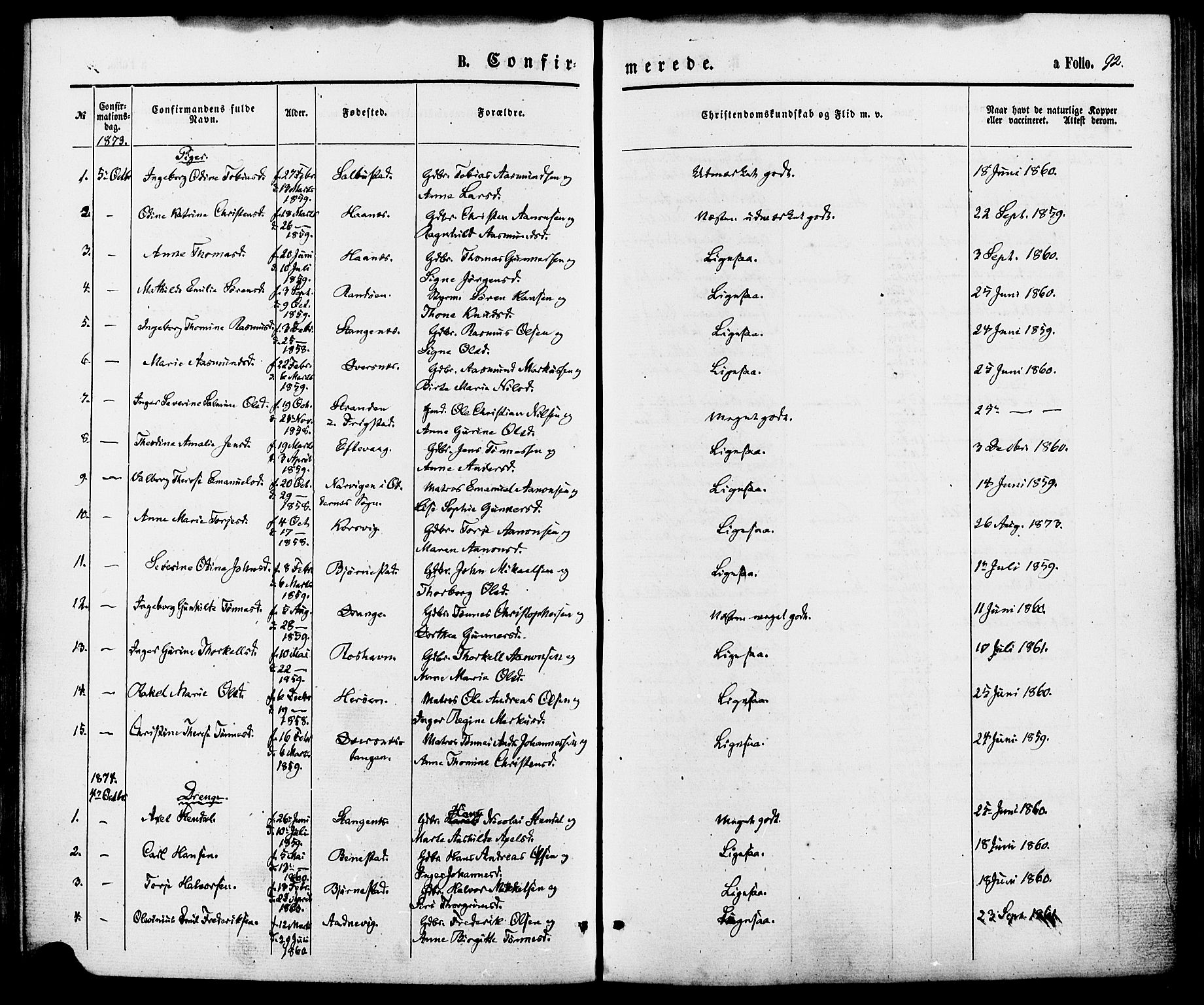 Oddernes sokneprestkontor, SAK/1111-0033/F/Fa/Fab/L0001: Parish register (official) no. A 1, 1865-1884, p. 92