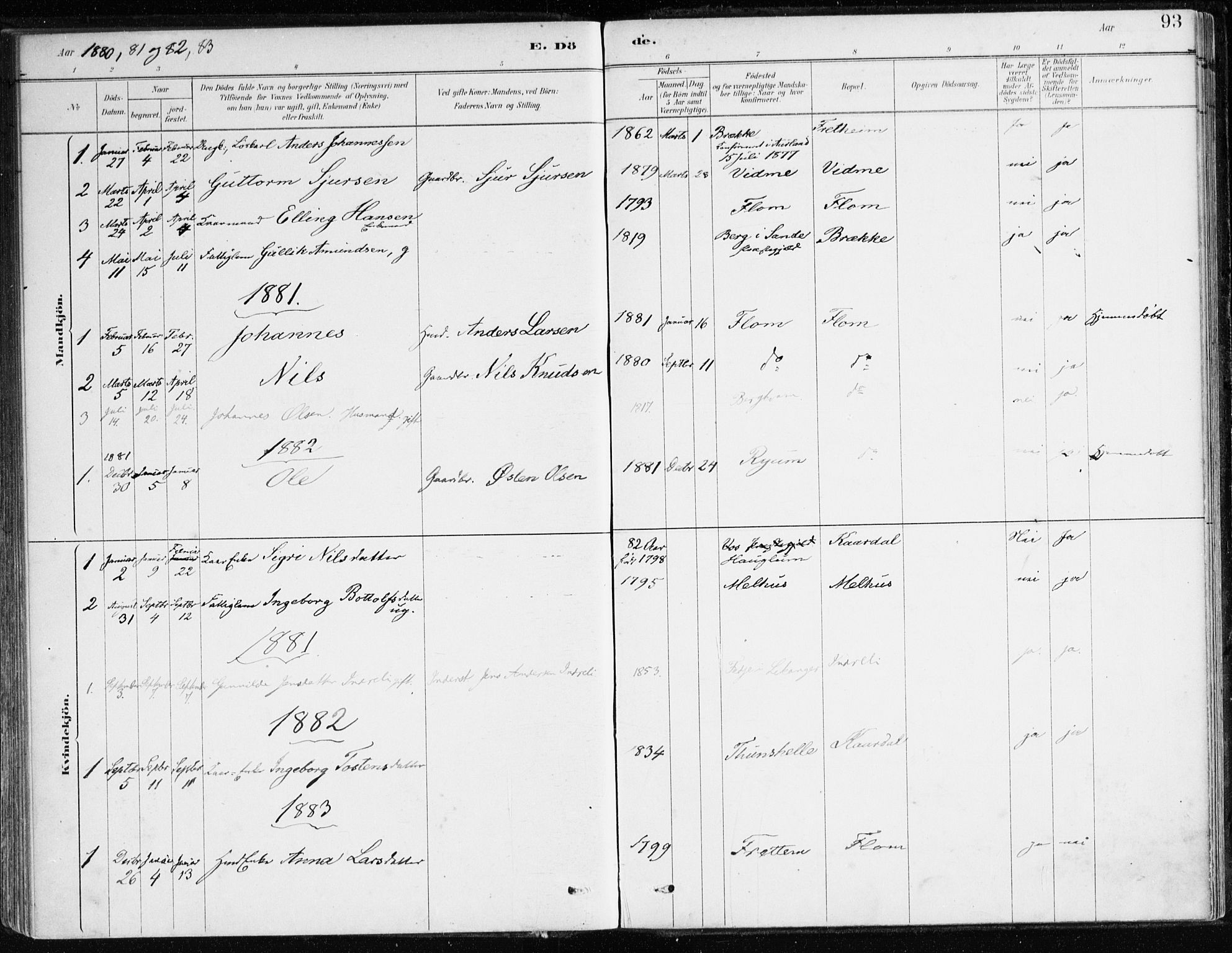 Aurland sokneprestembete, SAB/A-99937/H/Ha/Hac/L0001: Parish register (official) no. C 1, 1880-1921, p. 93