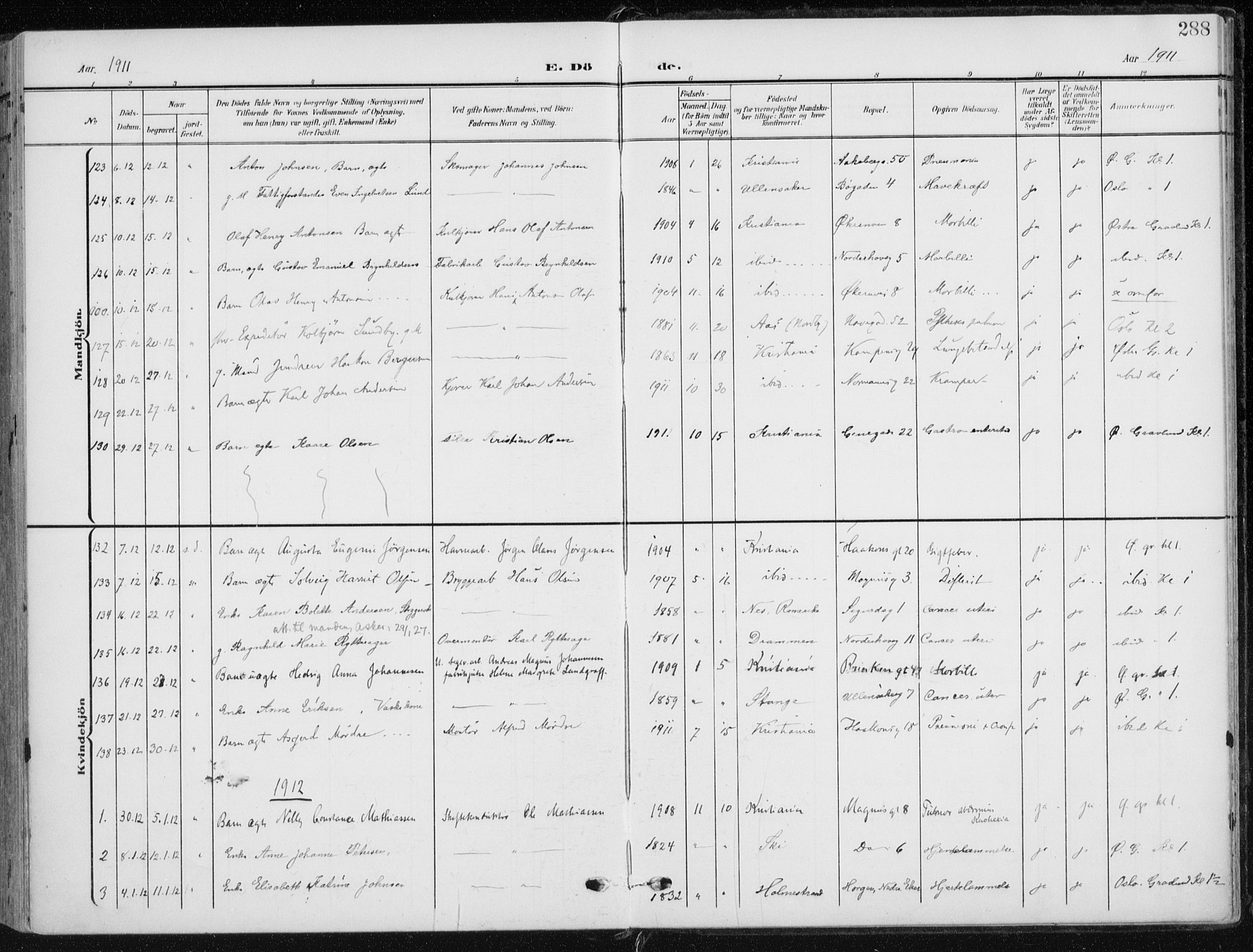 Kampen prestekontor Kirkebøker, AV/SAO-A-10853/F/Fa/L0011: Parish register (official) no. I 11, 1907-1917, p. 288