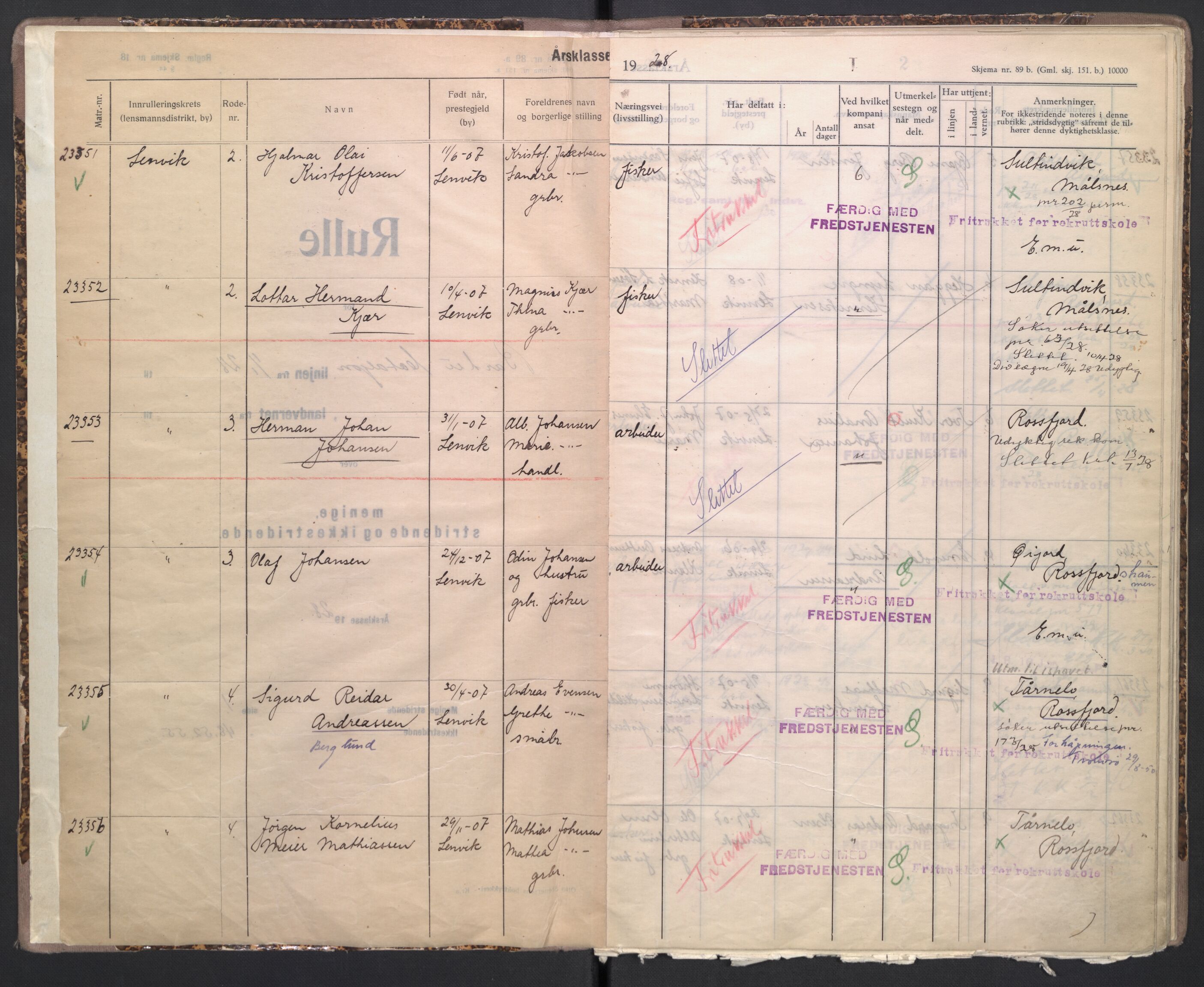 Forsvaret, Troms infanteriregiment nr. 16, AV/RA-RAFA-3146/P/Pa/L0004/0007: Ruller / Rulle for Bardu bataljons menige mannskaper, årsklasse 1928, 1928, p. 1