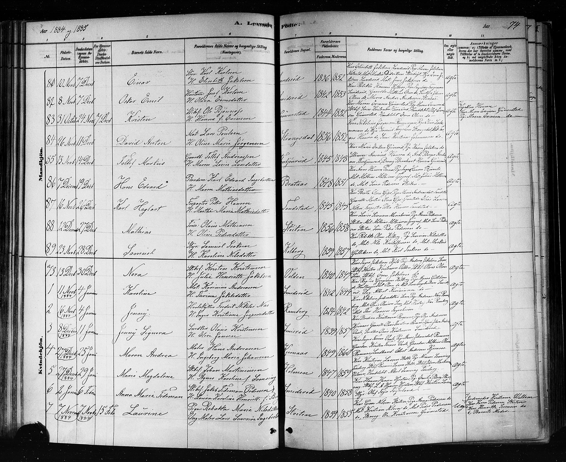 Nøtterøy kirkebøker, AV/SAKO-A-354/F/Fa/L0008: Parish register (official) no. I 8, 1878-1893, p. 74