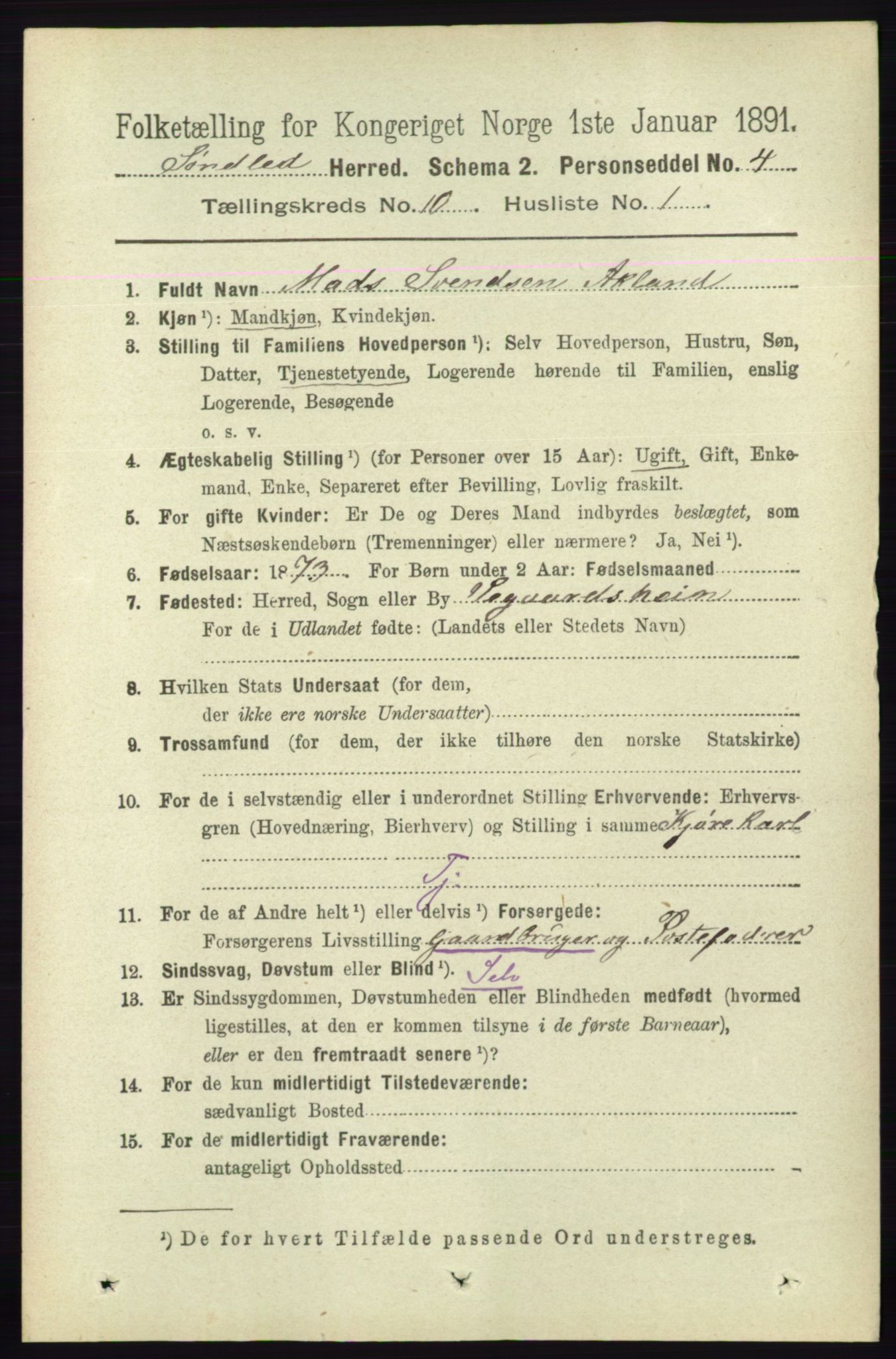 RA, 1891 census for 0913 Søndeled, 1891, p. 3068