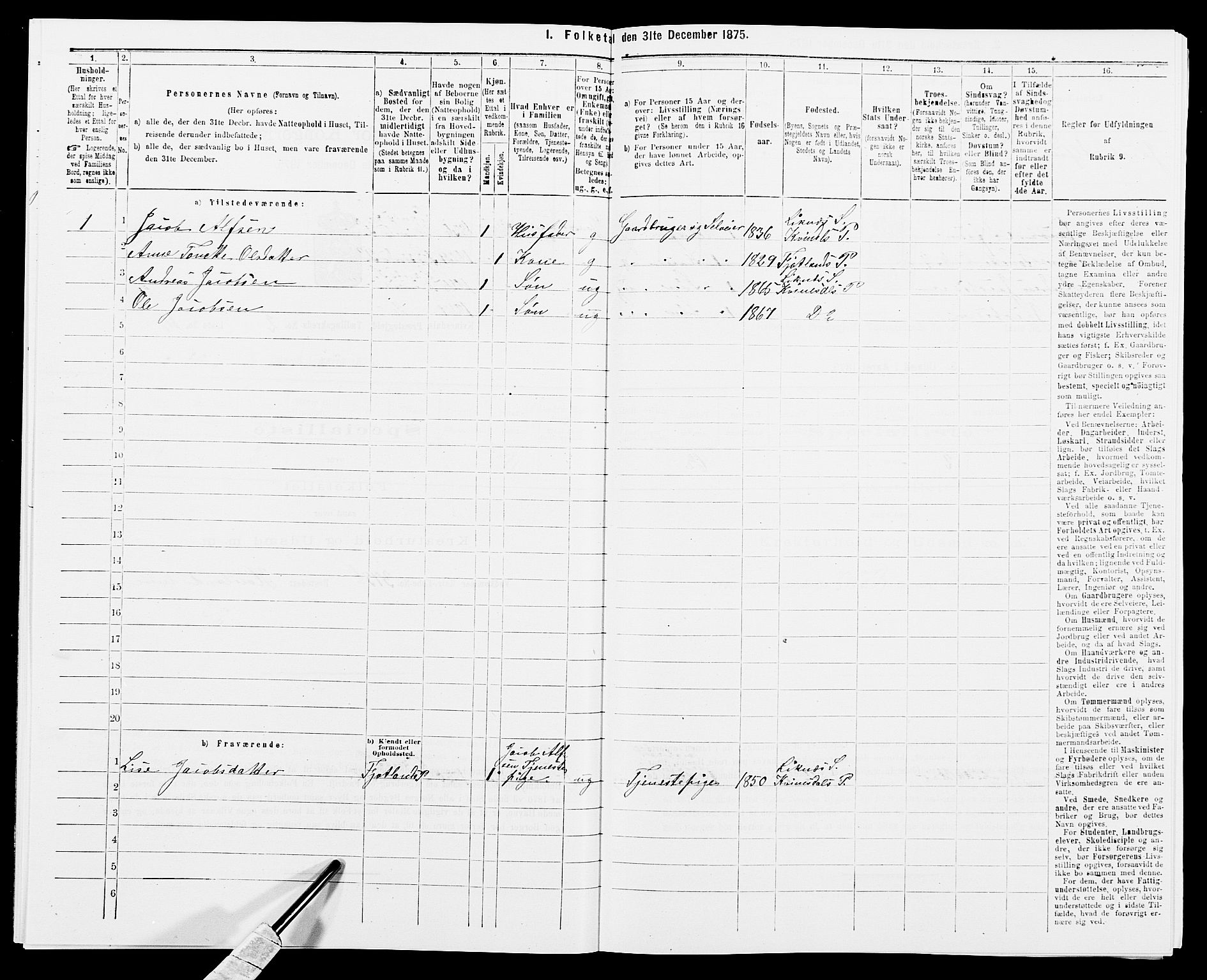 SAK, 1875 census for 1037P Kvinesdal, 1875, p. 304